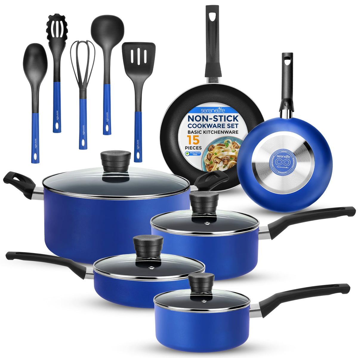 SereneLife Kitchenware Pots & Pans Basic Kitchen Cookware, Black Non-Stick Coating Inside, Heat Resistant Lacquer (15-Piece Set)