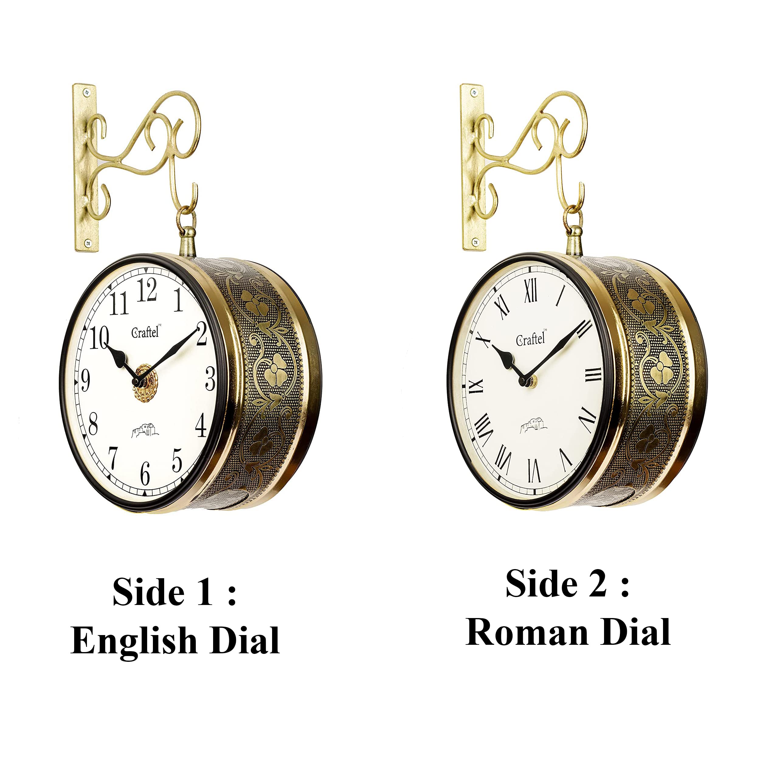 CRAFTEL Metal Analog Double Sided Vintage English Roman Station Wall Clock with Brass in dial (Shiny Gold_8 Inches)
