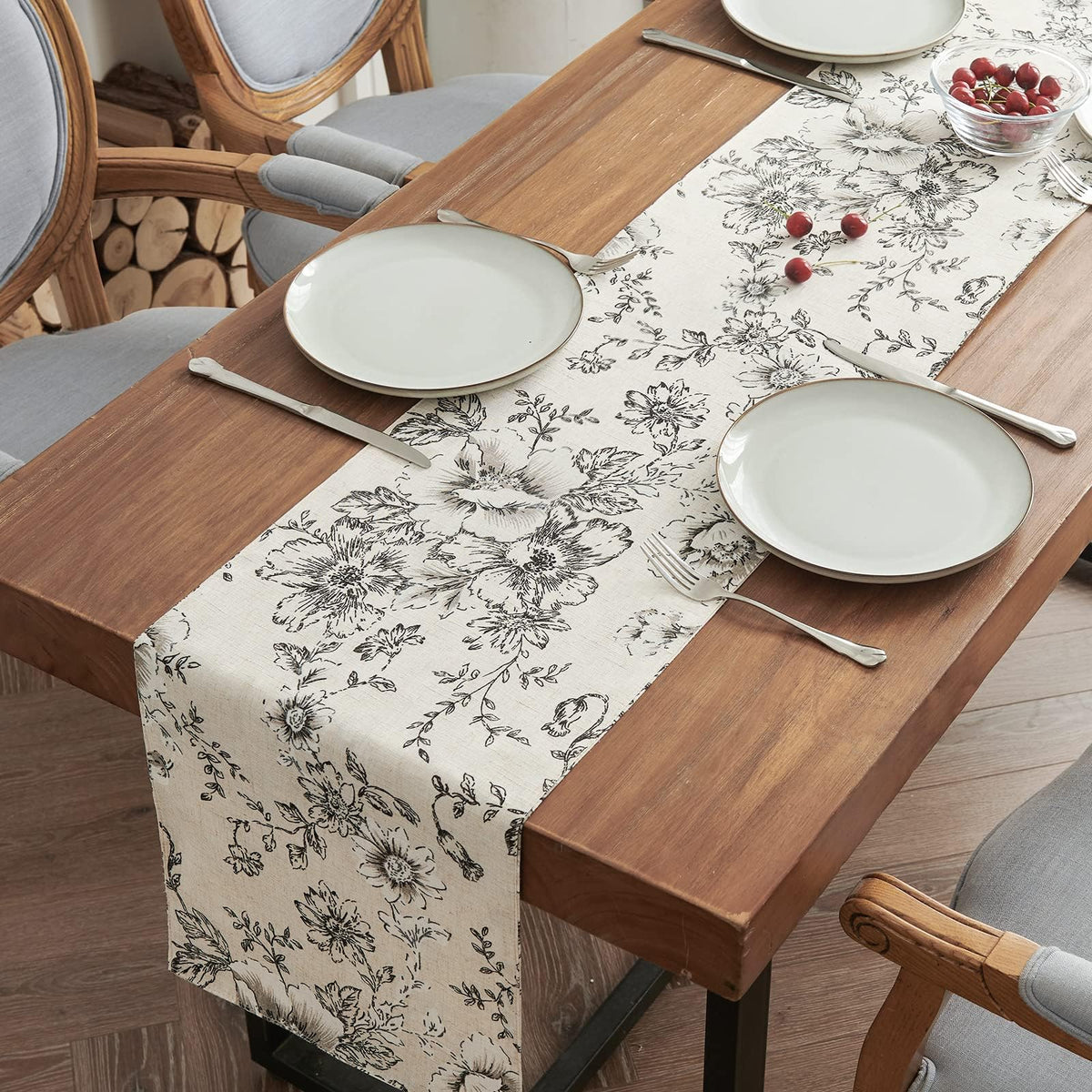 Jinchan Linen Table Runner Floral Print Kitchen Table Runner 72 Inches Long Peonies Botanical Decorative Table Runner Farmhouse