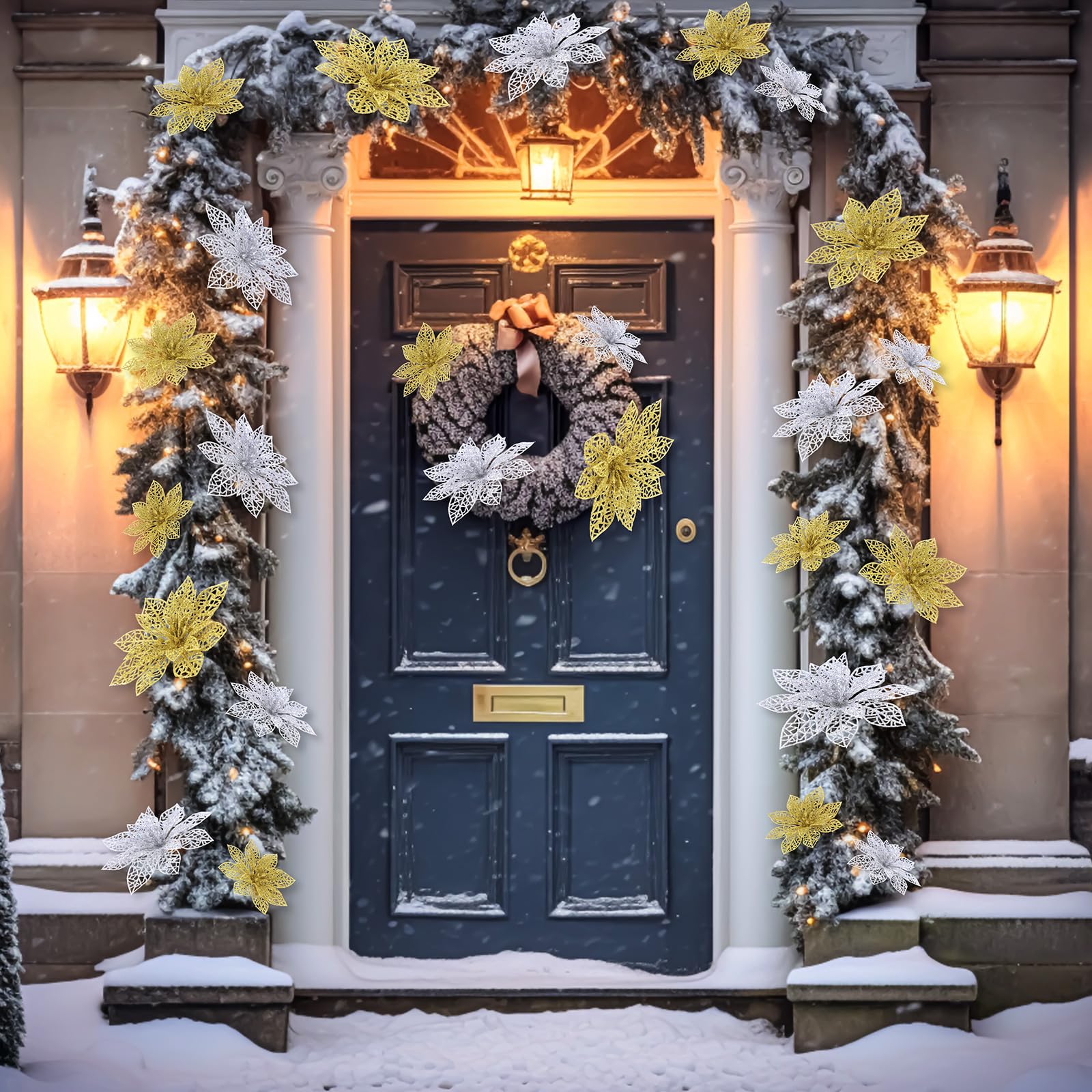 Boao 24 Pieces Christmas Poinsettia Tree Ornament Artificial Flowers Christmas Decoration Glitter Ornament, 3/4/6 Inches(Gold,Si