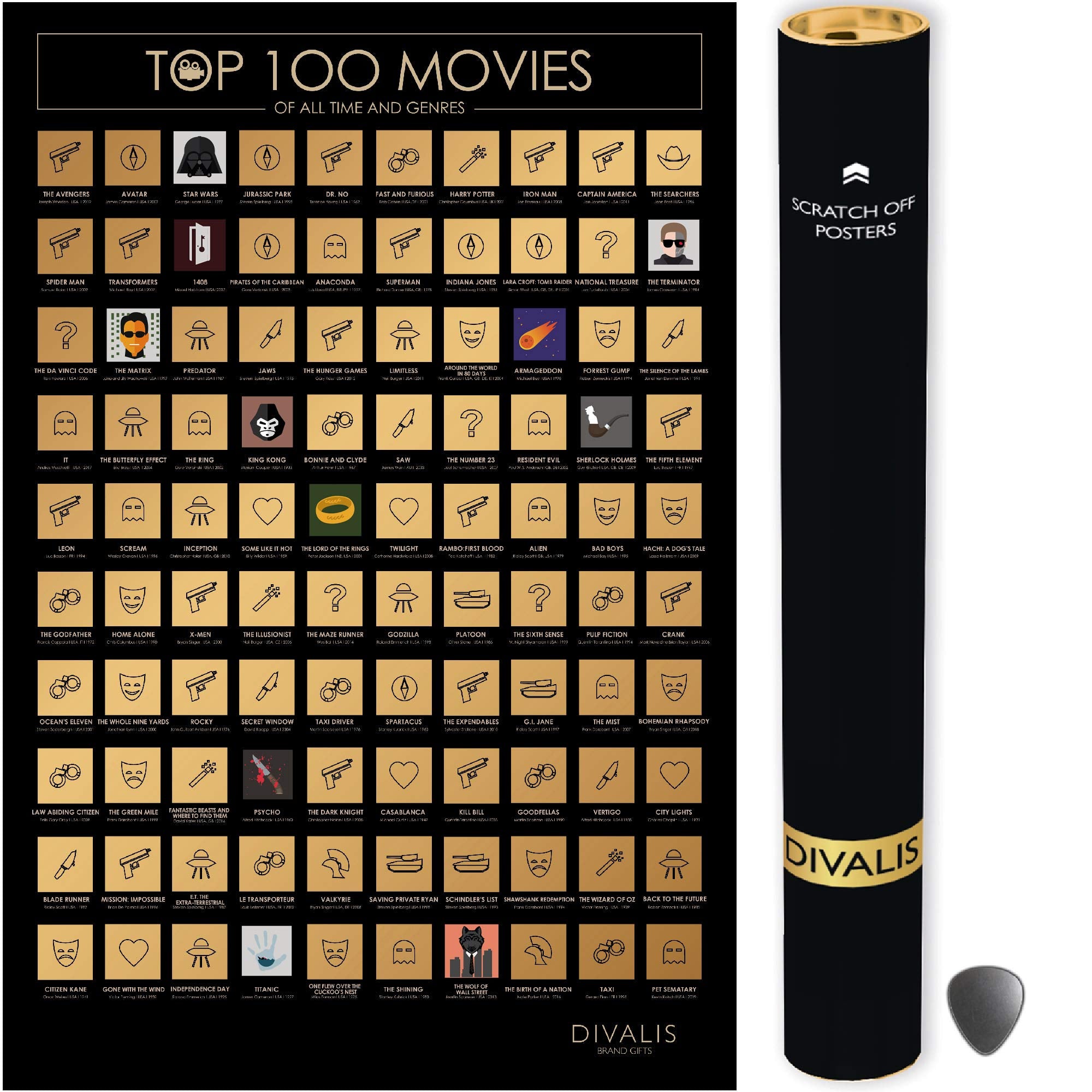 Top 100 Movies Scratch Off Poster - Bucket List Of Greatest Films To Watch - Scratchable Cinema Checklist Poster - Must See Movi