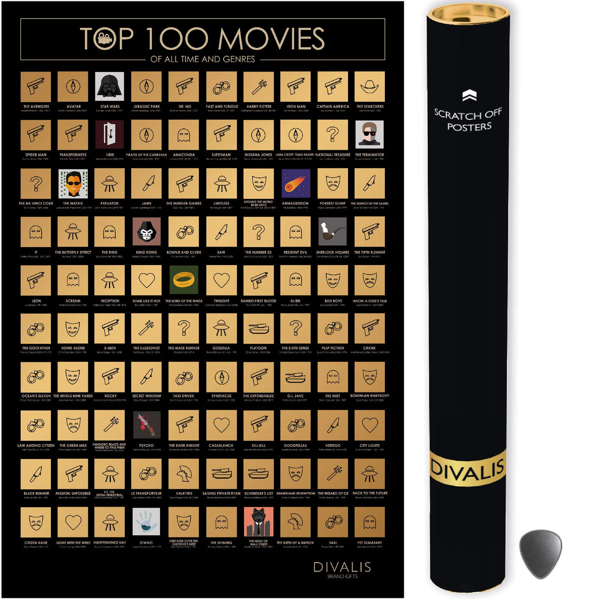 Top 100 Movies Scratch Off Poster - Bucket List Of Greatest Films To Watch - Scratchable Cinema Checklist Poster - Must See Movi