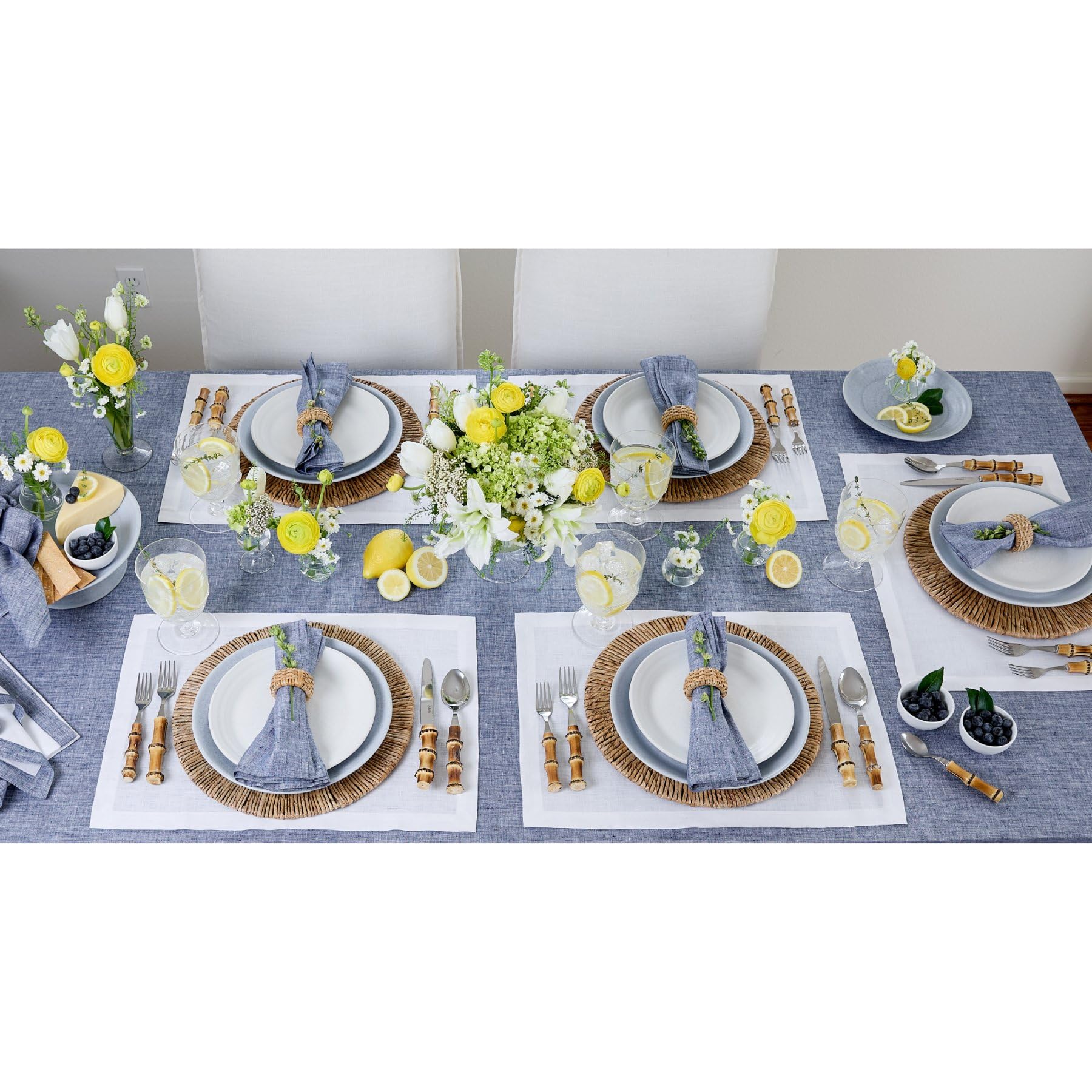 Solino Home Linen Tablecloth 144'' L X 60'' W Inch - 100% Pure Linen Chambray Indigo Table Cloth For Rectangle Tables - Athena,