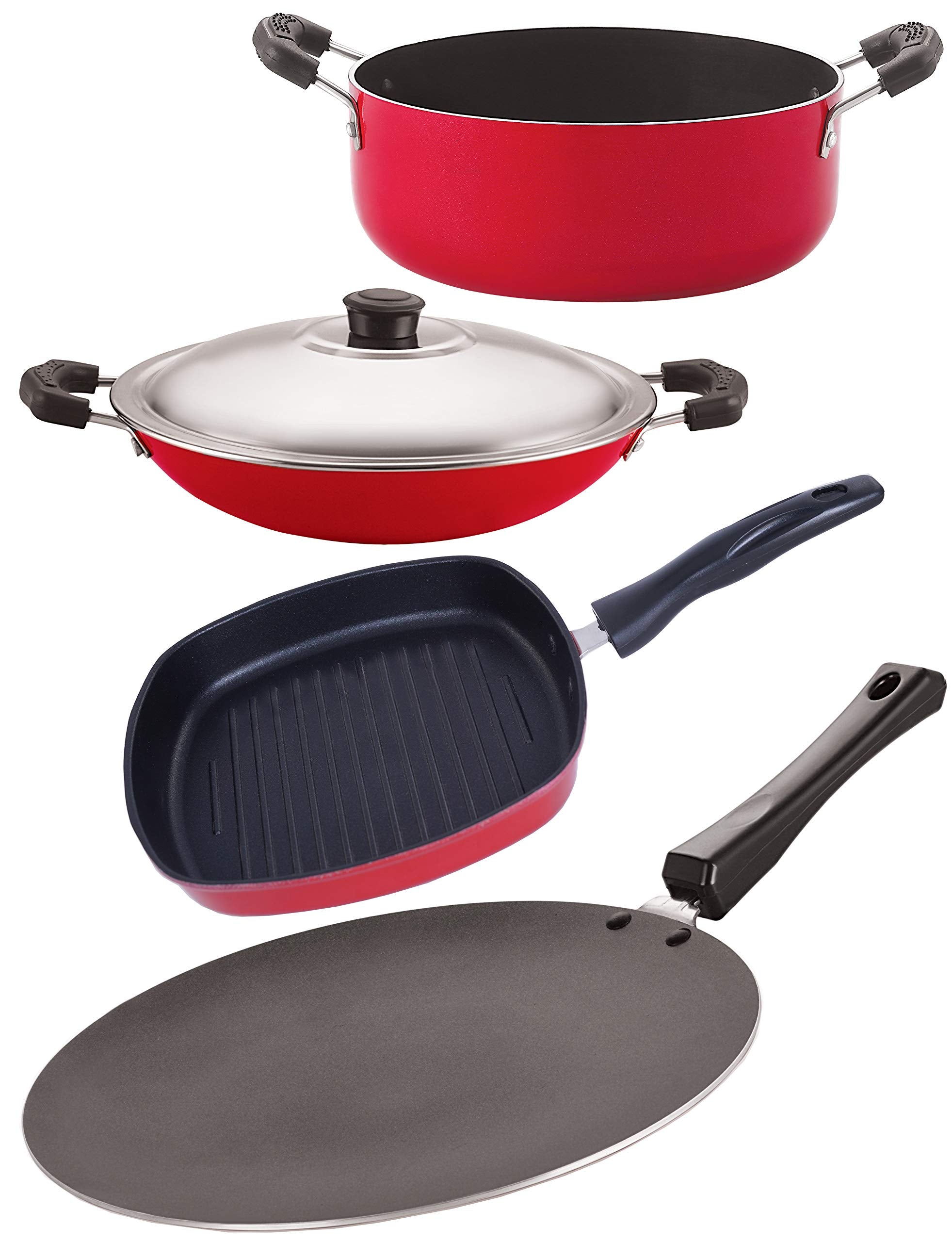Nirlon NonStick Aluminum Cookware Set, 4Piece, Red And Black (2.6Mm_Ct11_Ac_Gp(22.5)_Cass20)