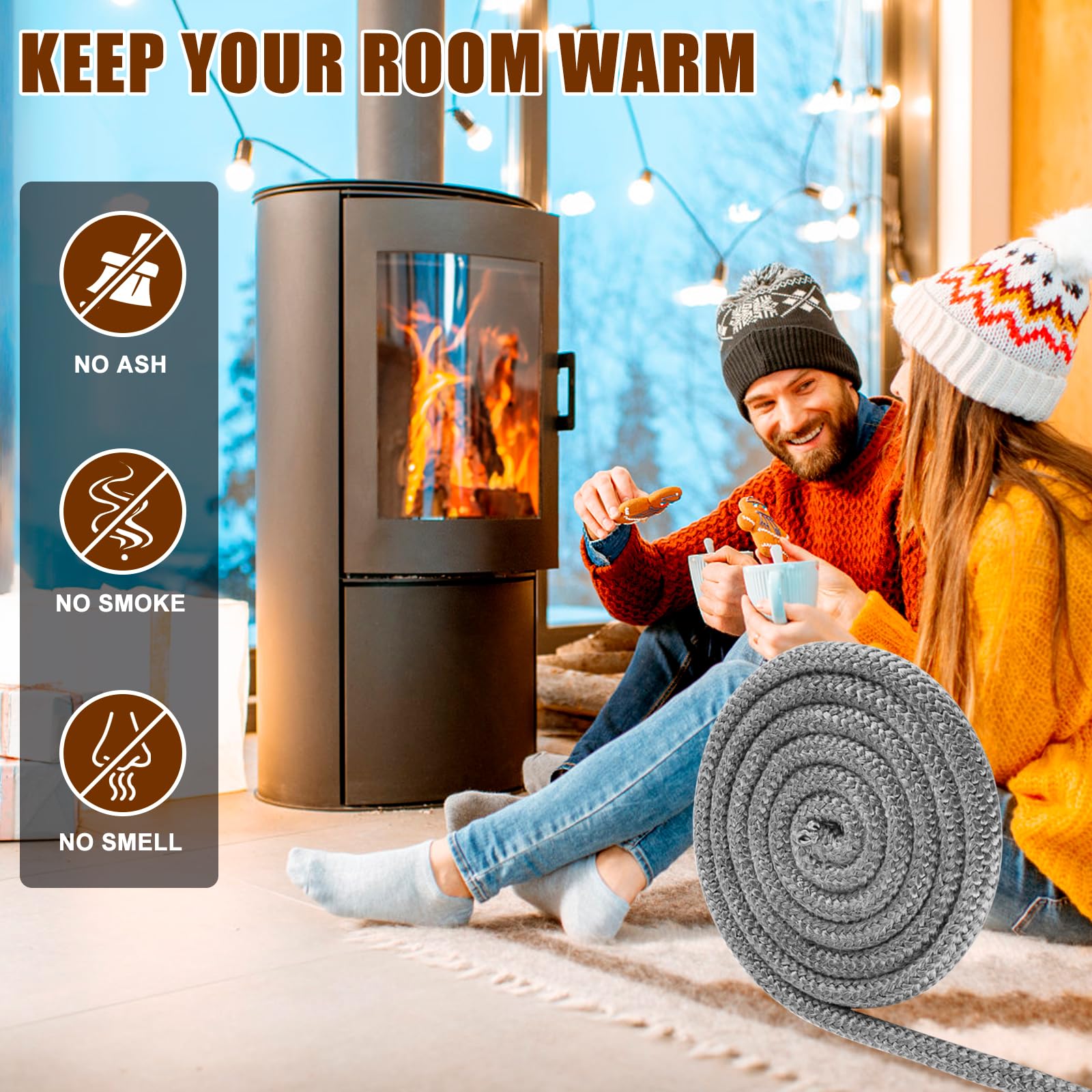 Komokeru Wood Stove Gasket - Heat Resistant Fiberglass Rope Seal, 3/4" x 98" for Woodburning Stoves and Fireplaces