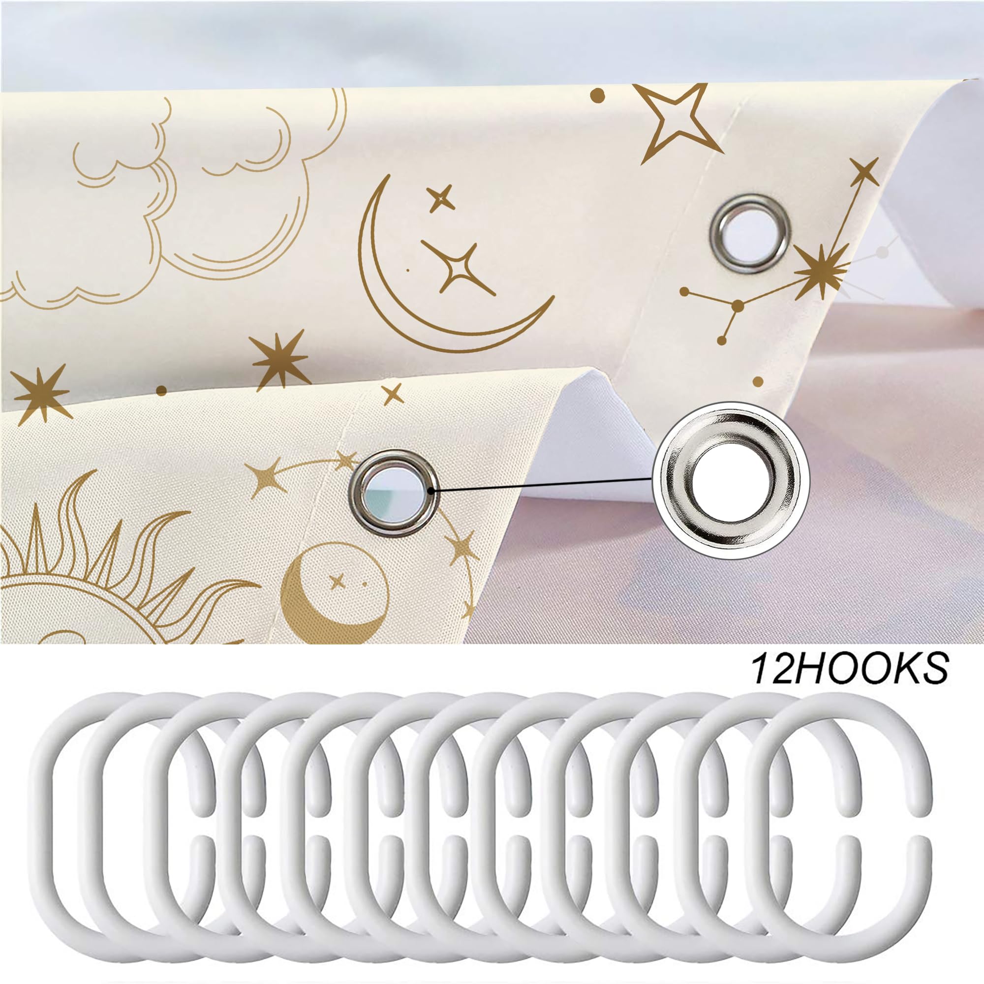 Miyotaa Moon Phase Celestial Shower Curtain Set 60Wx71H Inches Mysterious Constellation Astrology Beige Crescent Tarot Witchy Po