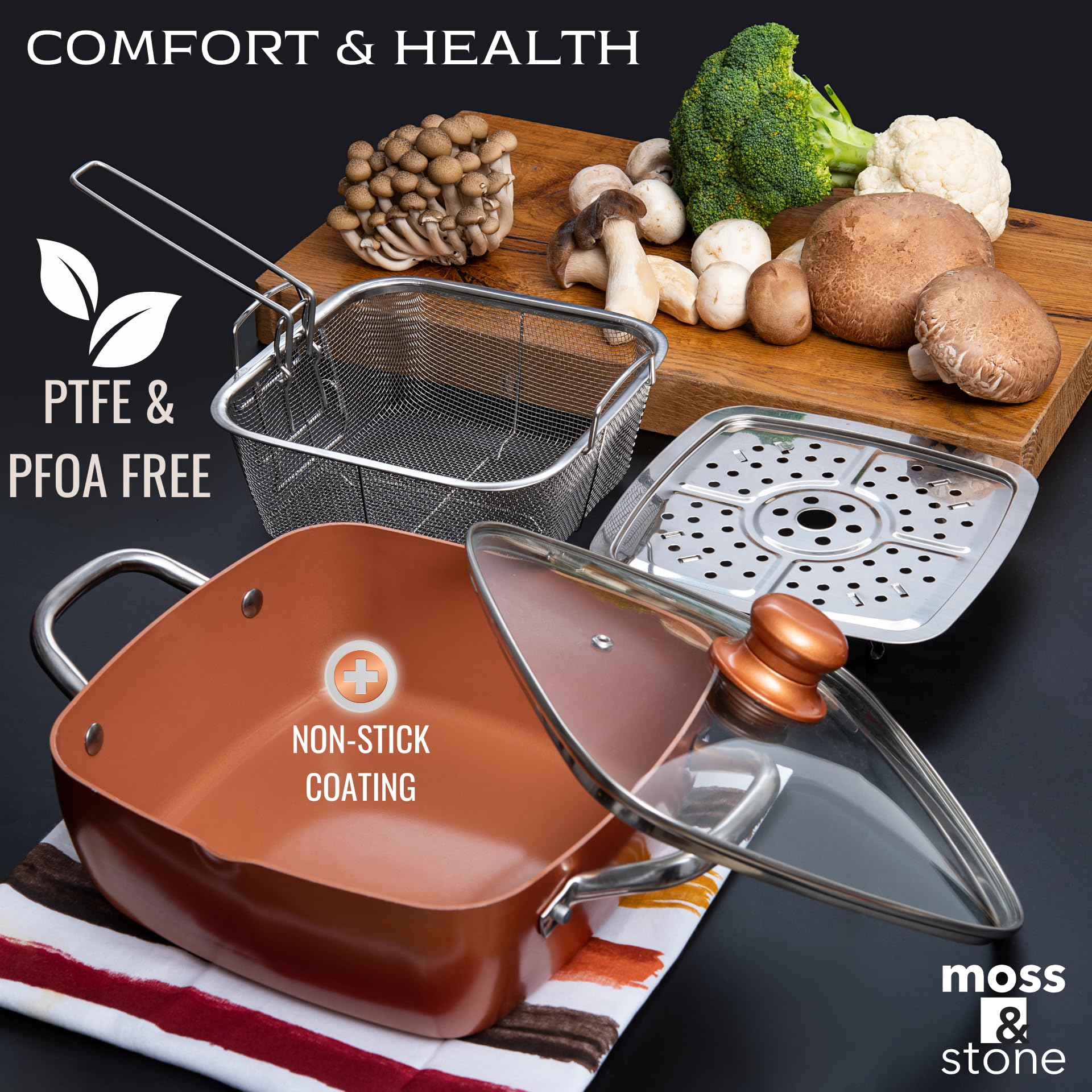 Moss & Stone Copper 6 Piece Set Chef Cookware, Non Stick Pan, Deep Square Pan, Fry Basket, Steamer Tray, Dishwasher & Oven Safe,
