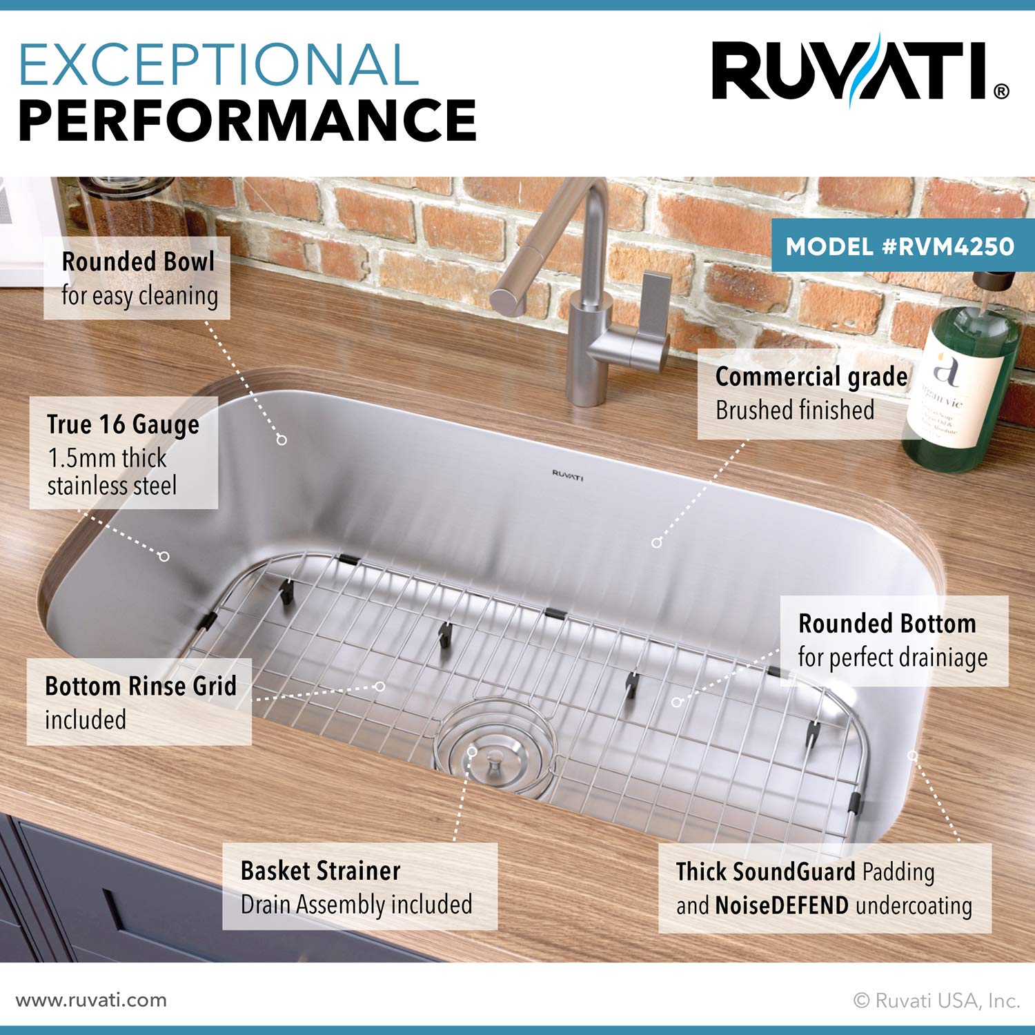 Ruvati 30-Inch Undermount 16 Gauge Stainless Steel Kitchen Sink Single Bowl - Rvm4250