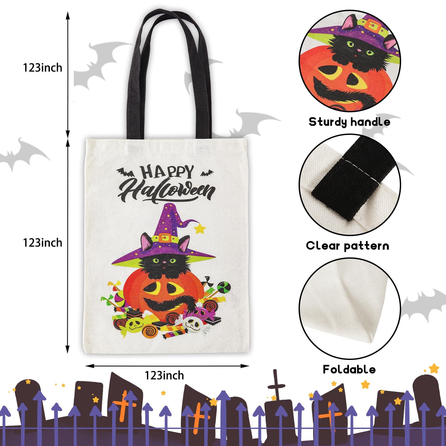 Atfunshop Halloween Tote Bag 15.7'' Trick Or Treat Bag Halloween Canvas Bags Reusable Large Halloween Grocery Bag For Kids Cat
