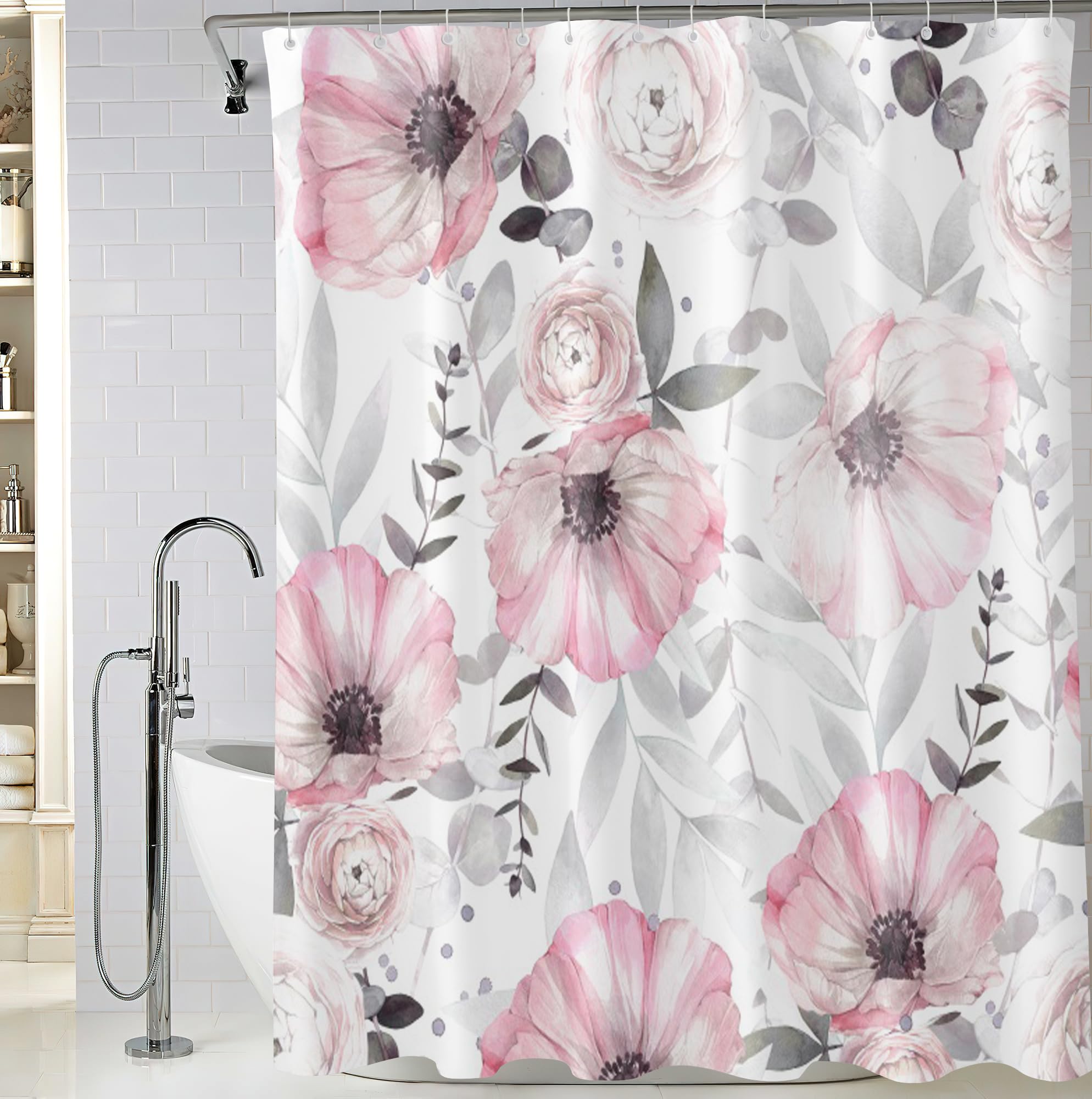 Bivinar Tender Pink Floral Shower Curtain, Watercolor Flowers Bathroom Shower Curtain, Fabric Waterproof Shower Curtain With 12