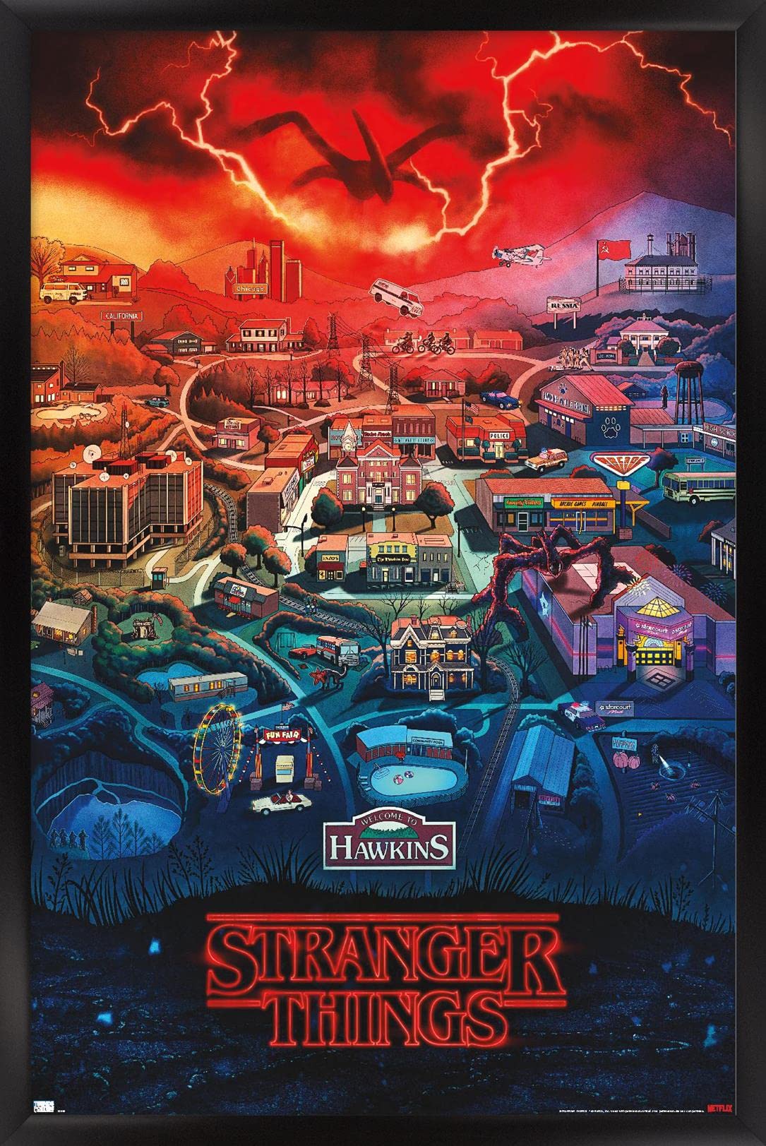 Trends International Netflix Stranger Things: Season 4 - Hawkins, Indiana Wall Poster, 14.725'' X 22.375'', Black Framed Version