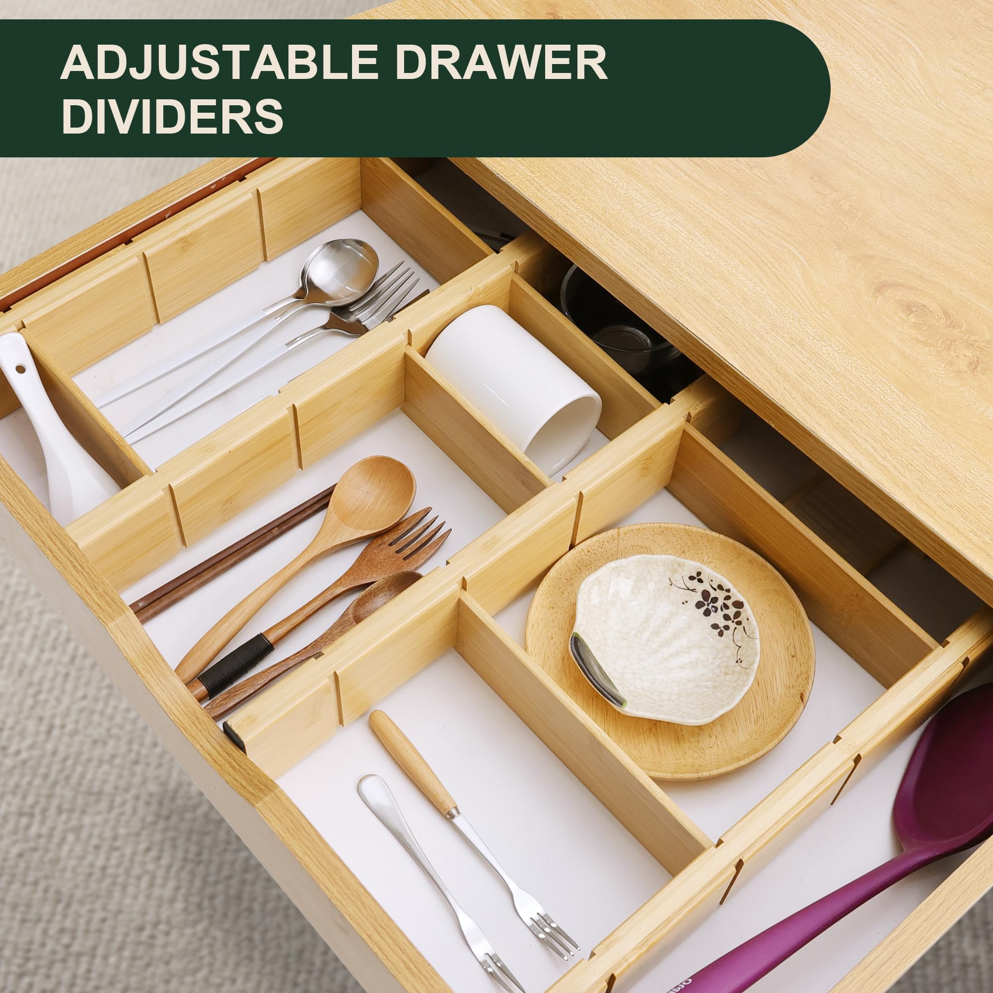 Utoplike Bamboo Drawer Dividers with Inserts, 4 pcs Adjustable Kitchen Drawer Organizers, Expandable Wooden Drawer Organization