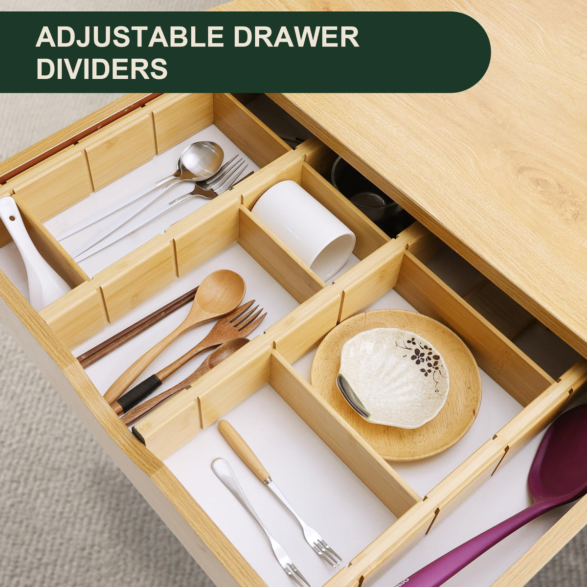 Utoplike Kitchen Drawer Divider with Inserts, Bamboo Drawers Organizer ...