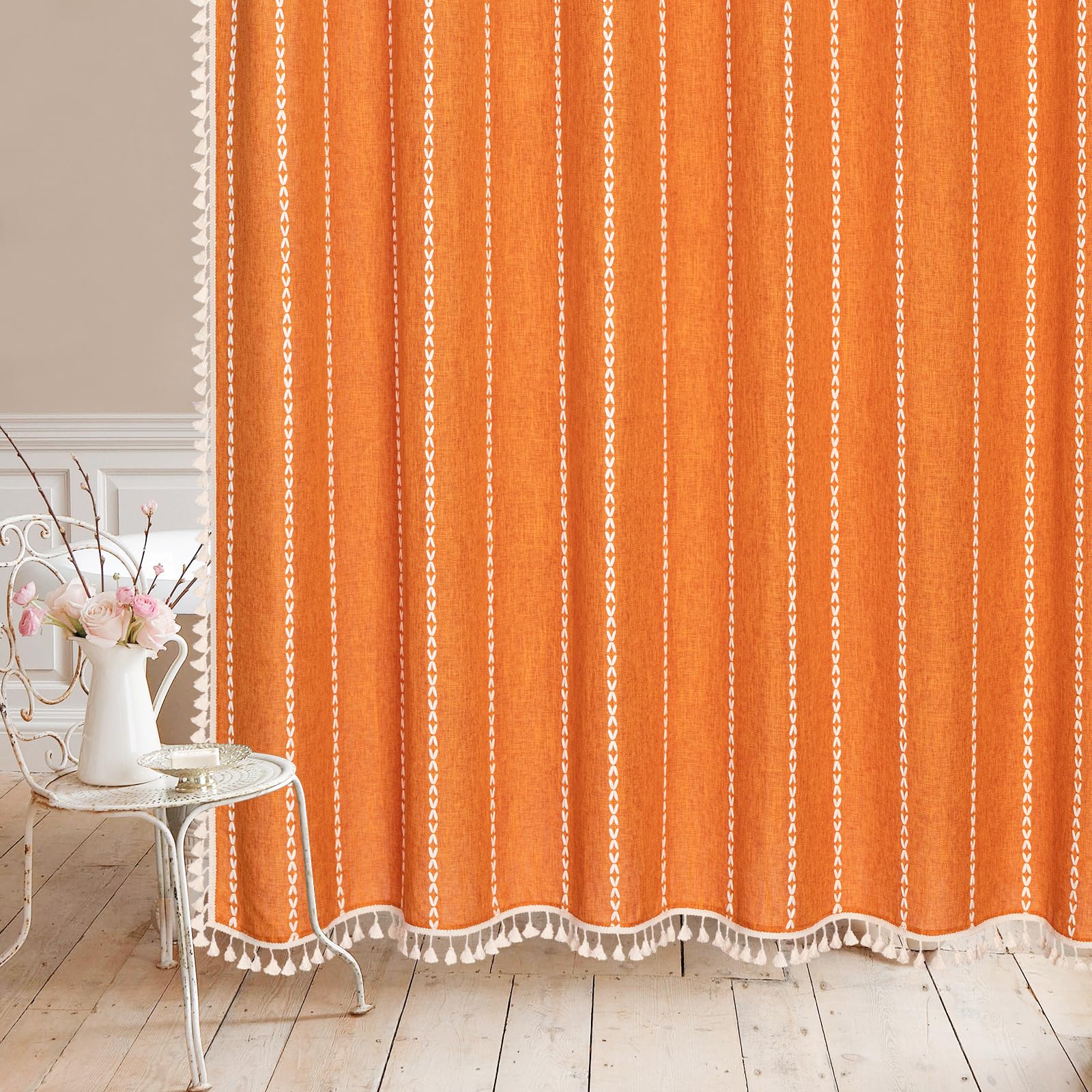 Mitovilla No Hooks Required Orange Boho Shower Curtain With Snap-In Liner, Farmhouse Cotton Linen Fabric Shower Curtains With Ta