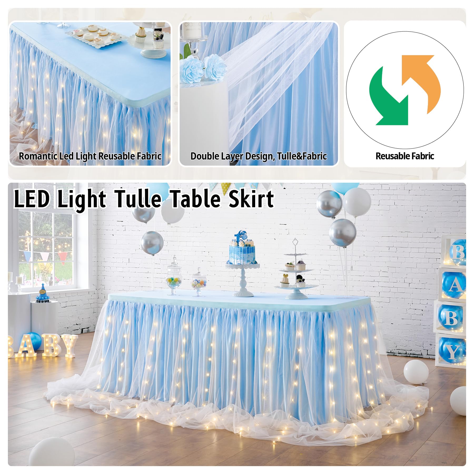 Leegleri Baby Blue Tulle Tutu Table Skirt For Baby Shower Wedding And Birthday Party,Led Table Skirt For Rectangle Or Round Tabl