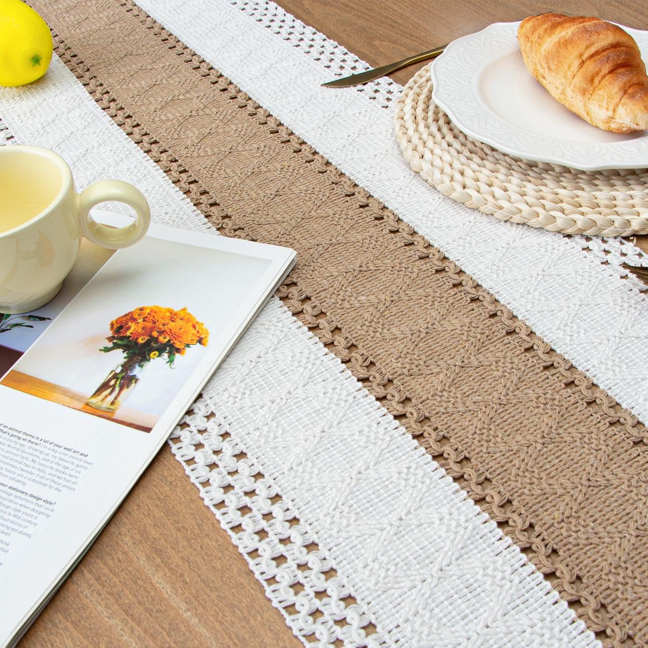 FEXIA Boho Table Runner for Home Decor with Out Tassels 90 Inches Long Farmhouse Rustic Table Runner Macrame Burlap Table Decora