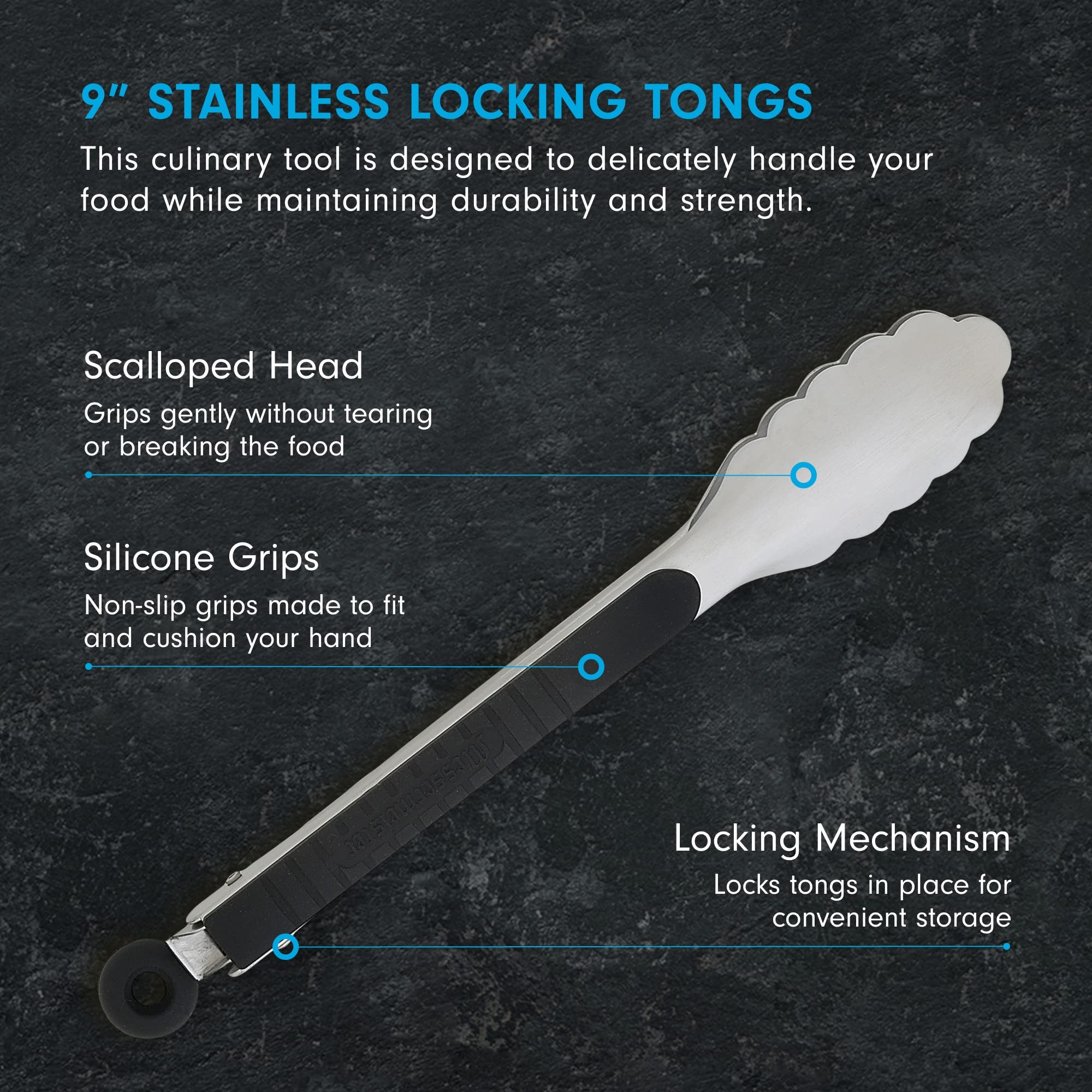 Messermeister Stainless Locking Tongs, 9    - Gently Grips Food - Durable Stainless Steel & Non-Slip, Silicone Grip - Dishwasher