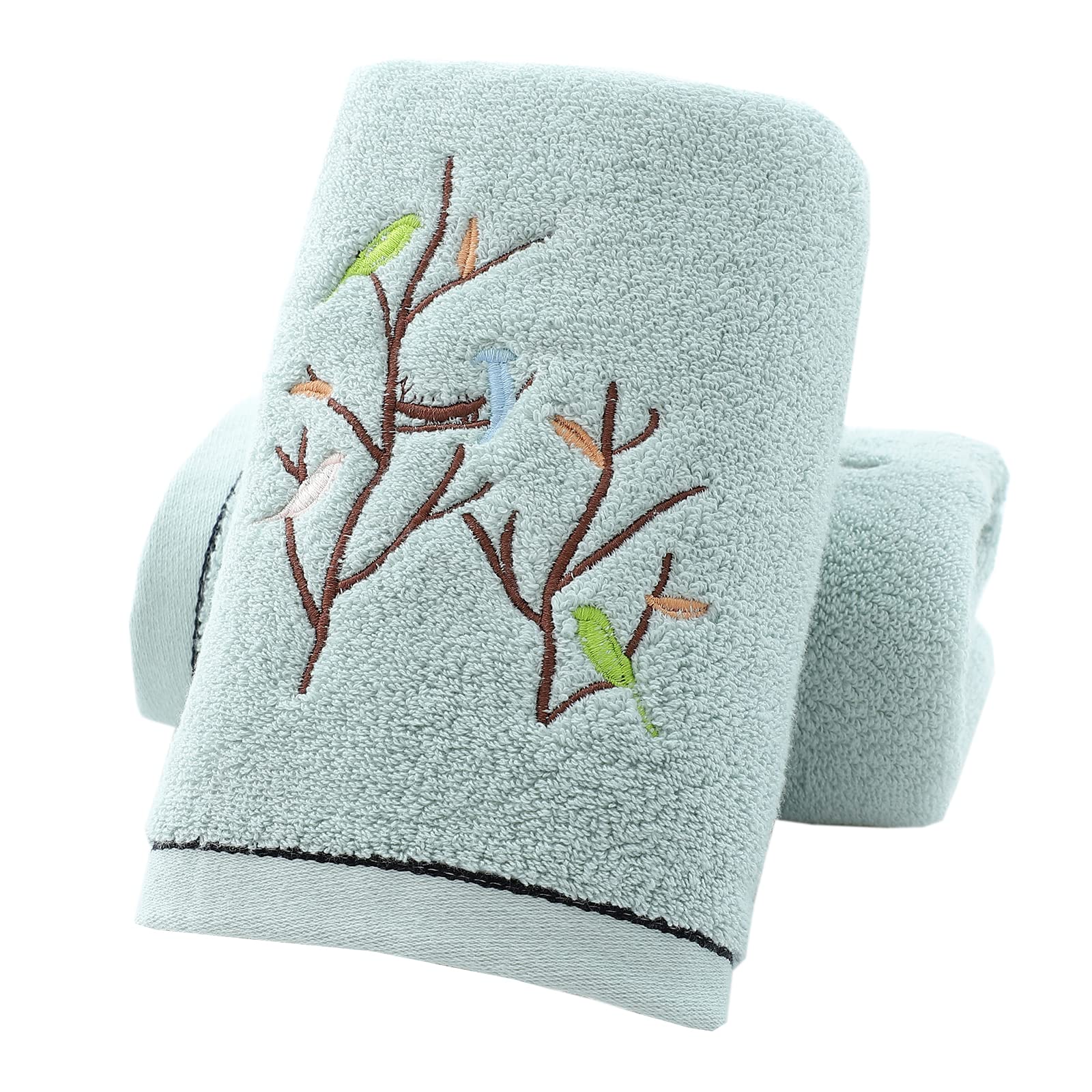 Pidada Hand Towels Set of 2 Embroidered Bird Tree Pattern 100% Cotton Absorbent Soft Decorative Towel for Bathroom (Aqua Green)