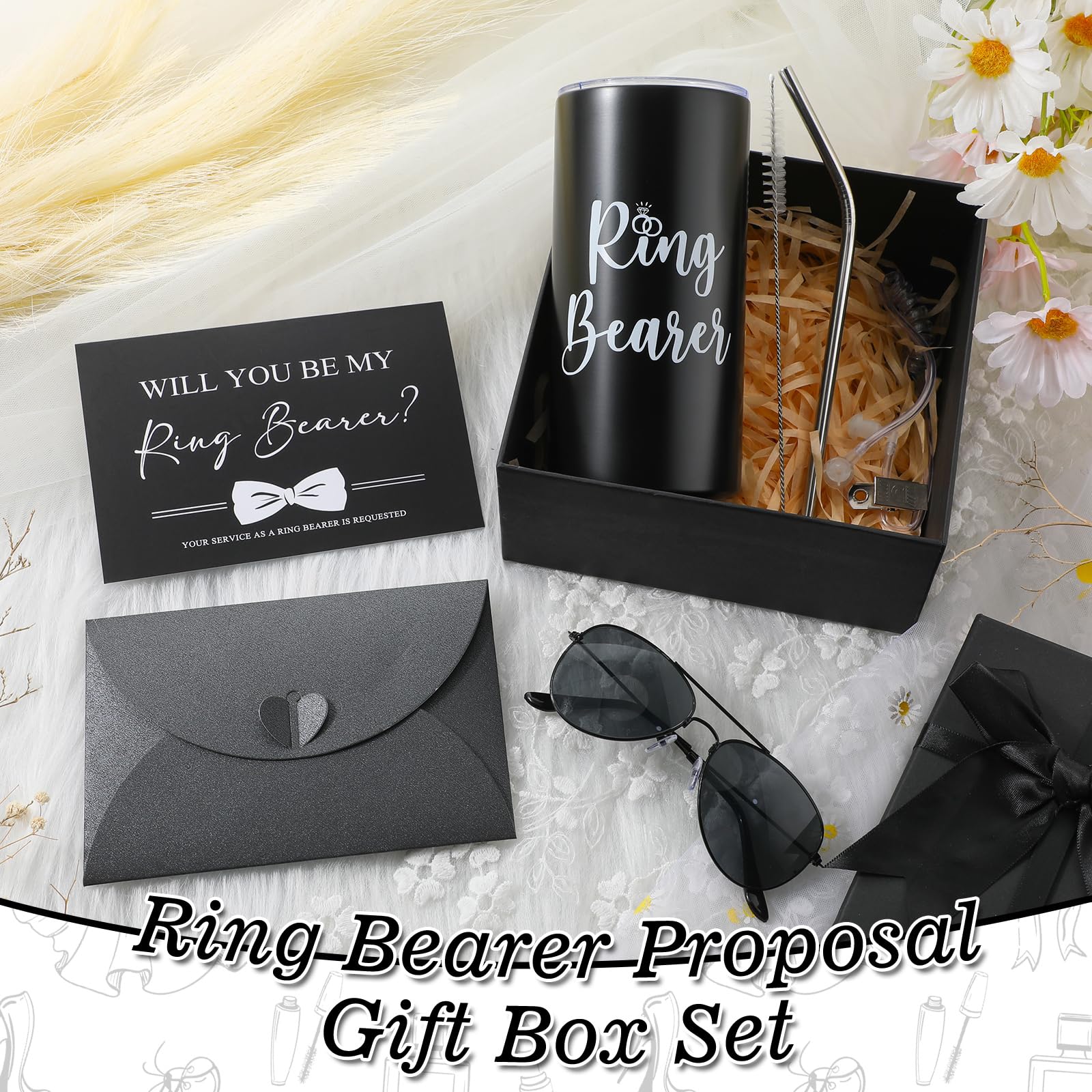 Seewey 6 Pcs Ring Bearer Gifts Set Wedding Party Favors, Include Tumbler With Straw, Will You Be My Ring Bearer Proposal Card, E