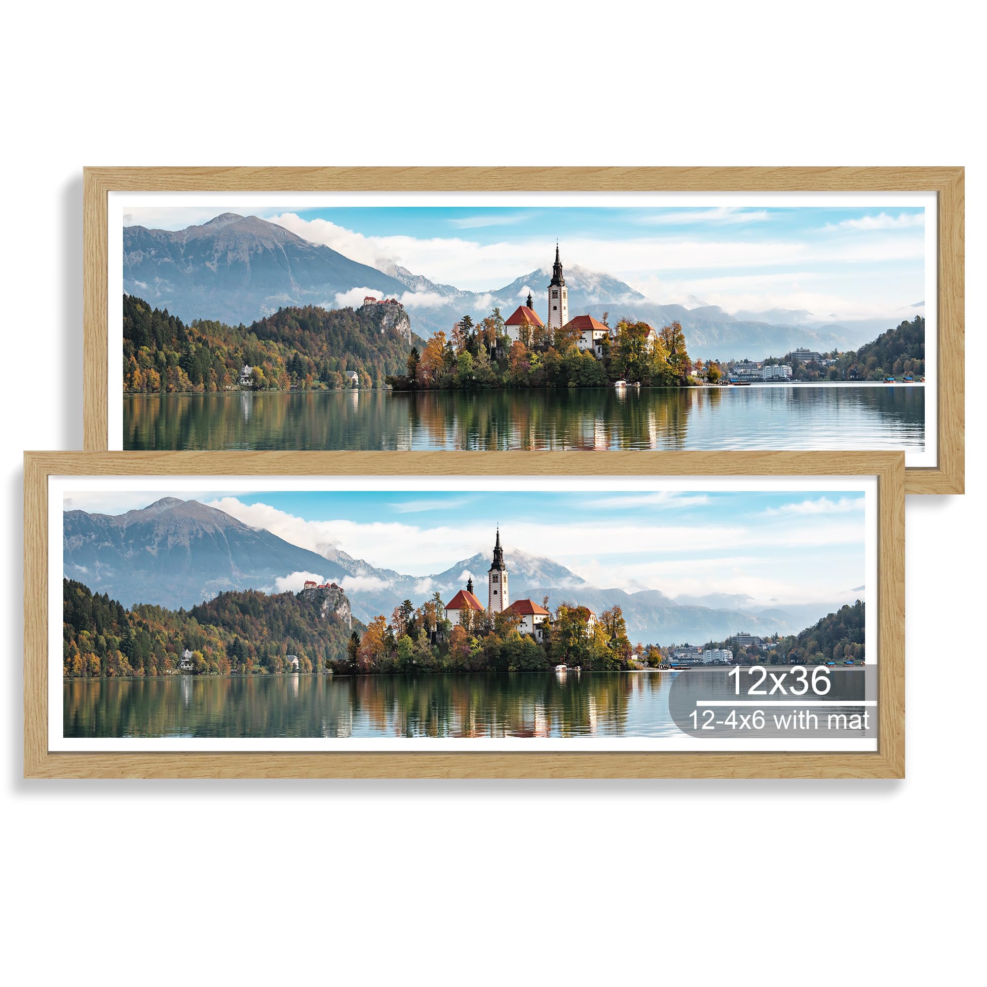 Hongkee 12x36 Picture Frame 2 Packs, Real Glass and Natural Oak Wood Frame, Display Collage Pictures Twelve 4x6 With Mat or 12 x