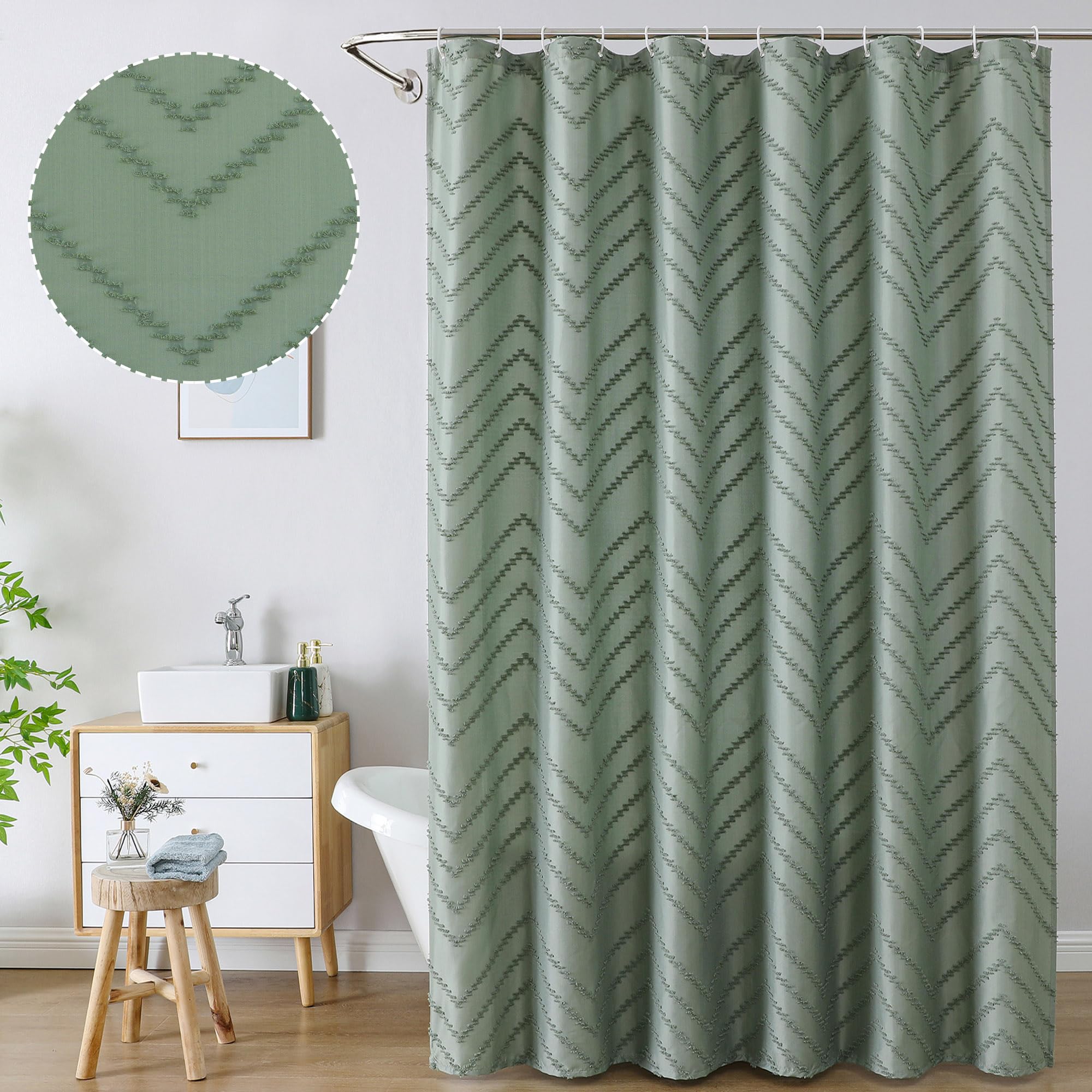 Chyhomenyc Chevron Extra Long Sage Green Boho Shower Curtain Set 72X84 Inches, Fabric Shower Curtain Modern Farmhouse Chic Textu
