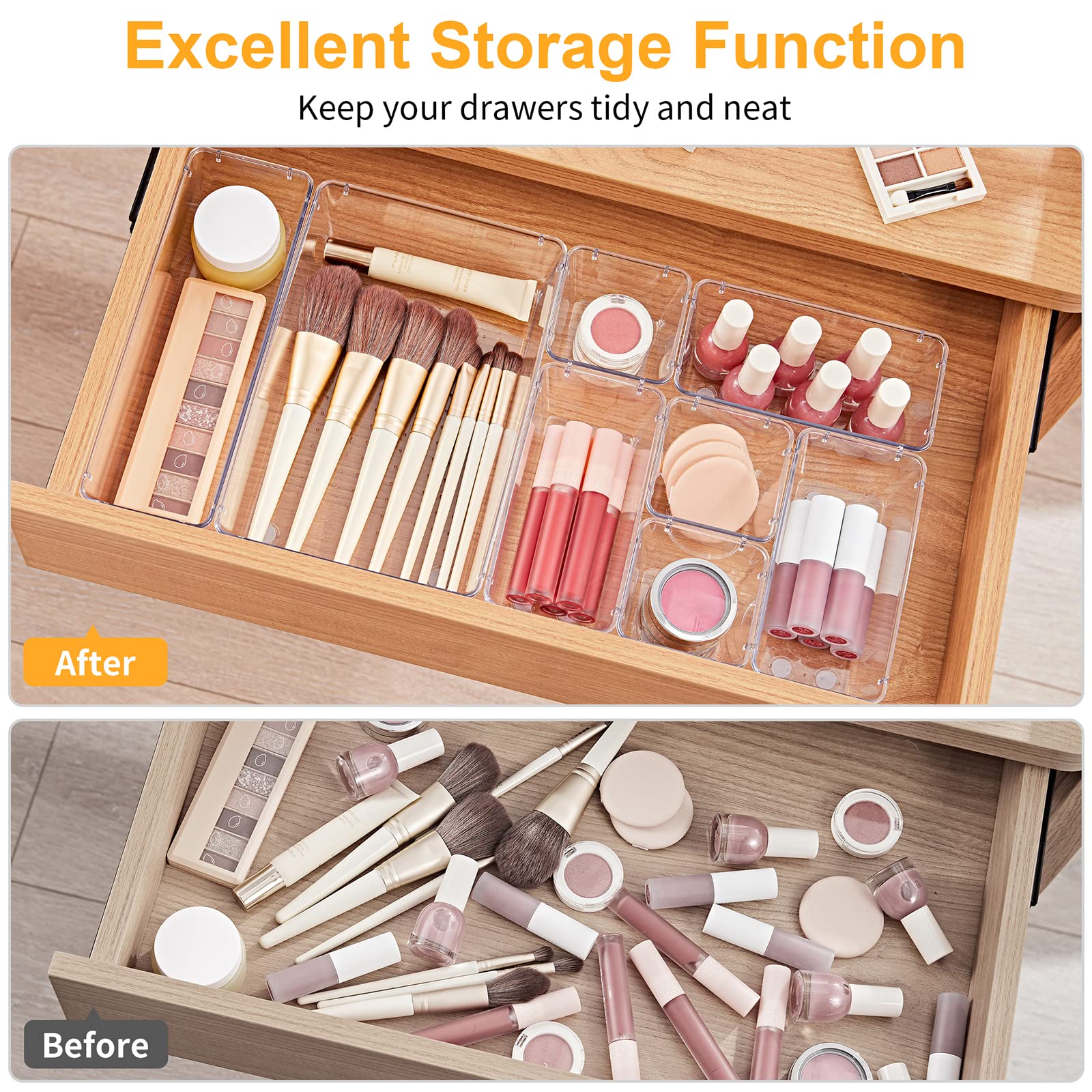 SMARTAKE 28 Piece Drawer Organizers with Non-Slip Silicone Pads, 4-Size Desk Drawer Organizer Trays Storage Tray for Makeup, Jew