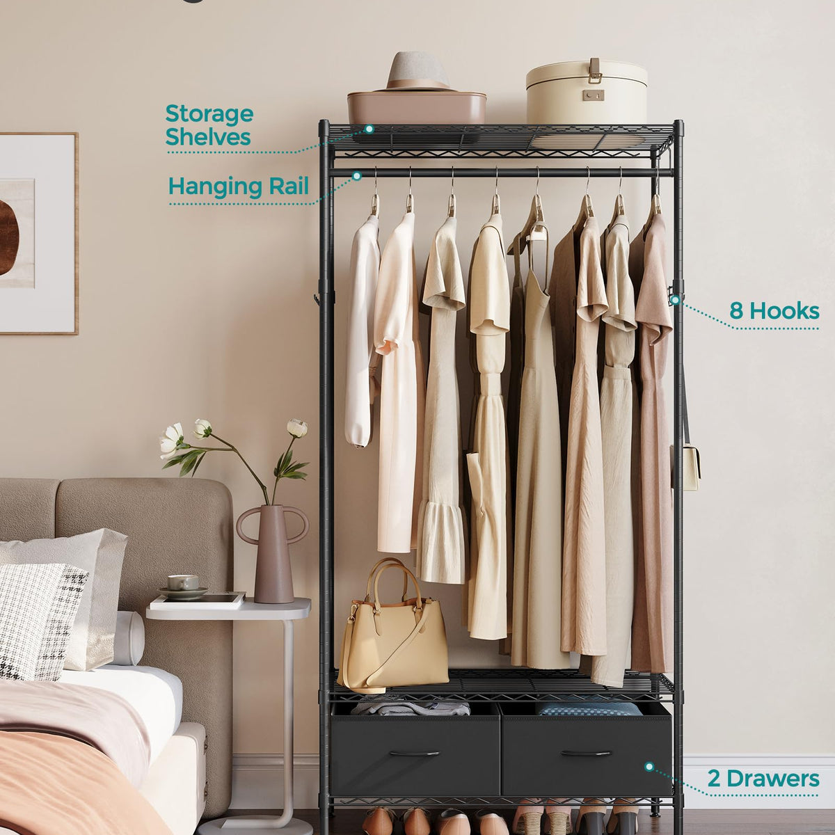 SONGMICS Heavy-Duty Clothes Rack with Mesh Shelf & 2 Fabric Drawers, 1 ...