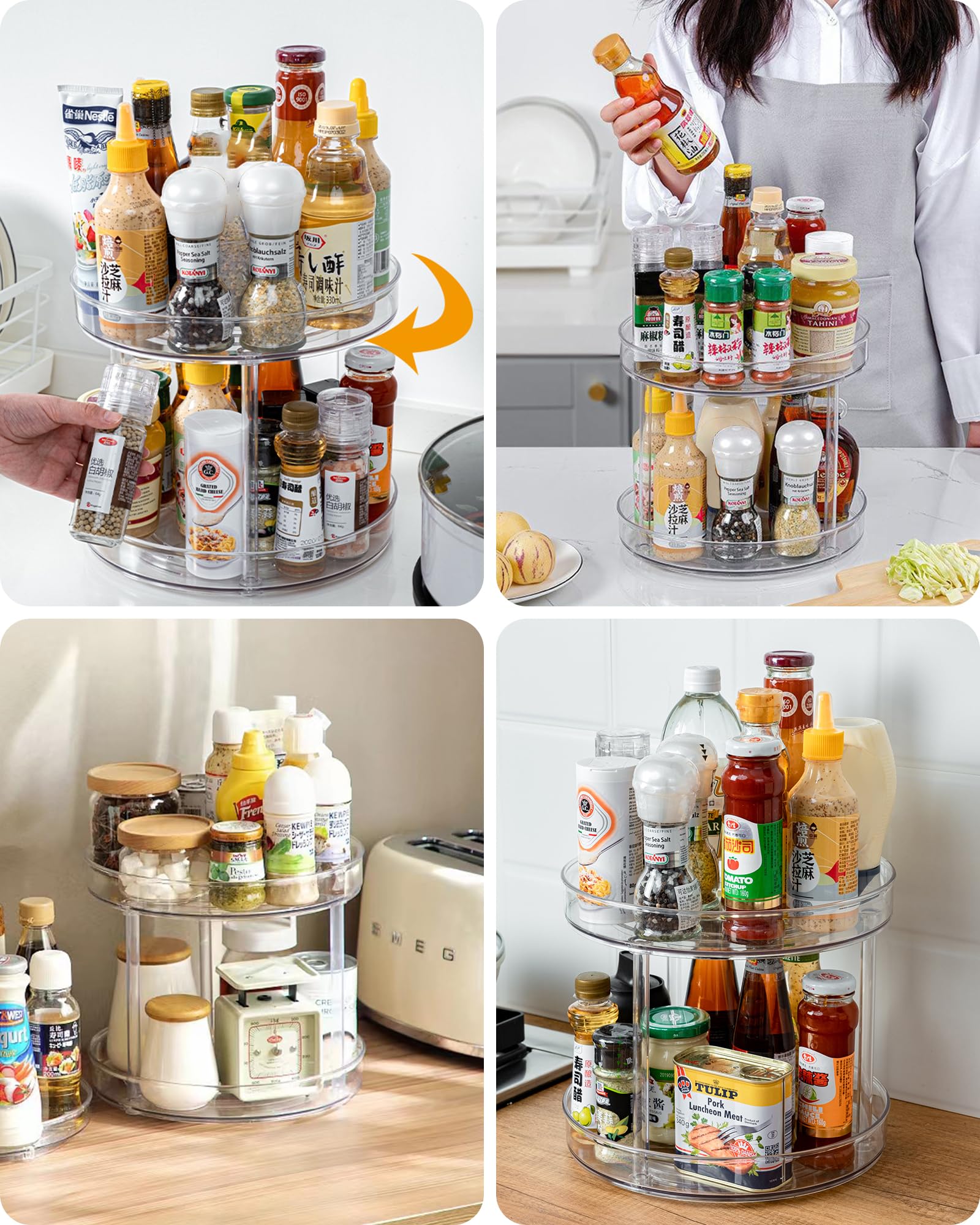 Roninkier 2-Tier Clear Lazy-Susan Turntable - 9-Inch Pantry Spice-Rack Cabinet-Organizer - Plastic Lazy Susan Makeup Organizer F