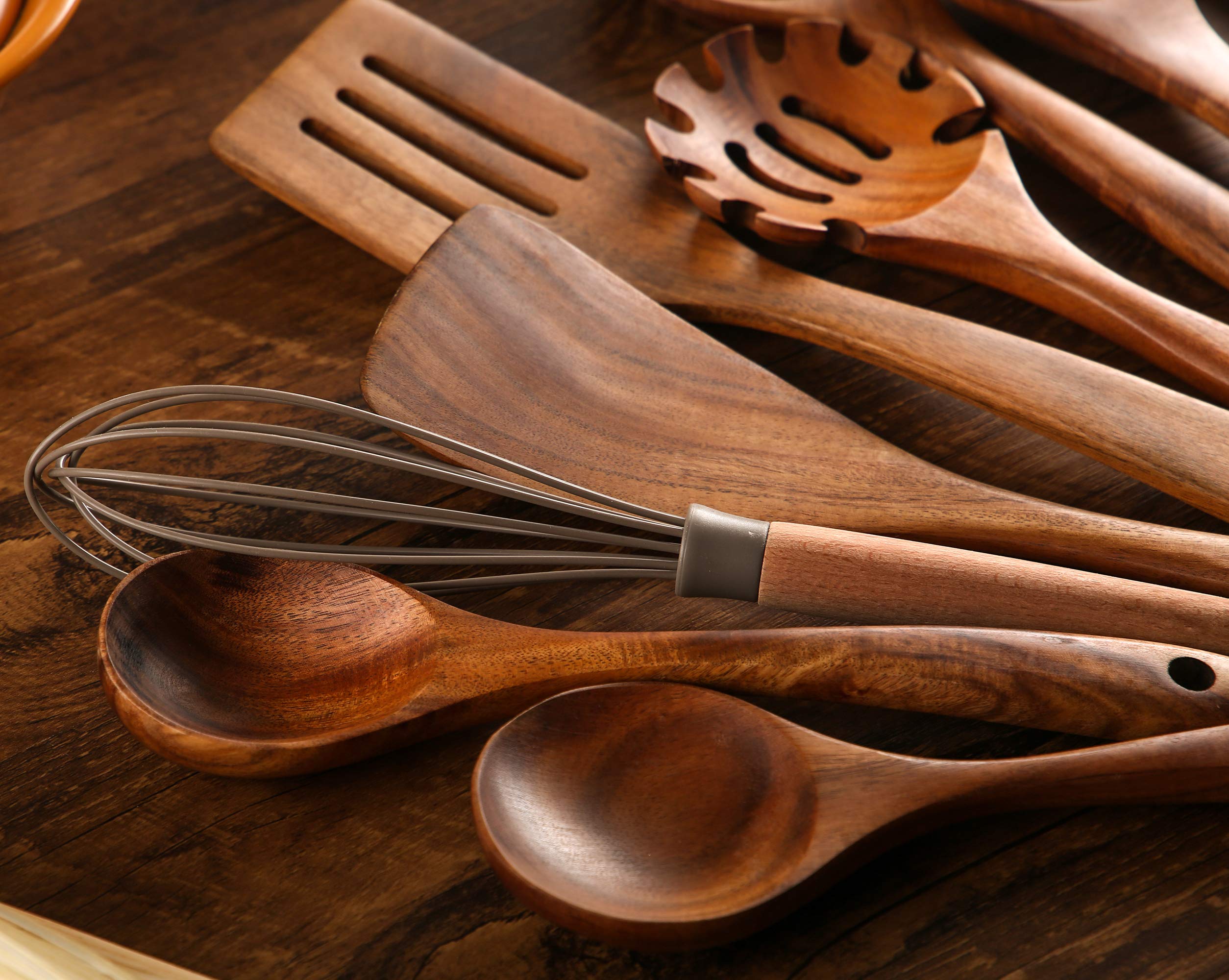 Wooden Spoons For Cooking, 10 Pcs Wooden Utensils For Cooking, Nayahose Natural Teak Wood Spoons, Non-Stick Comfort Grip Kitchen