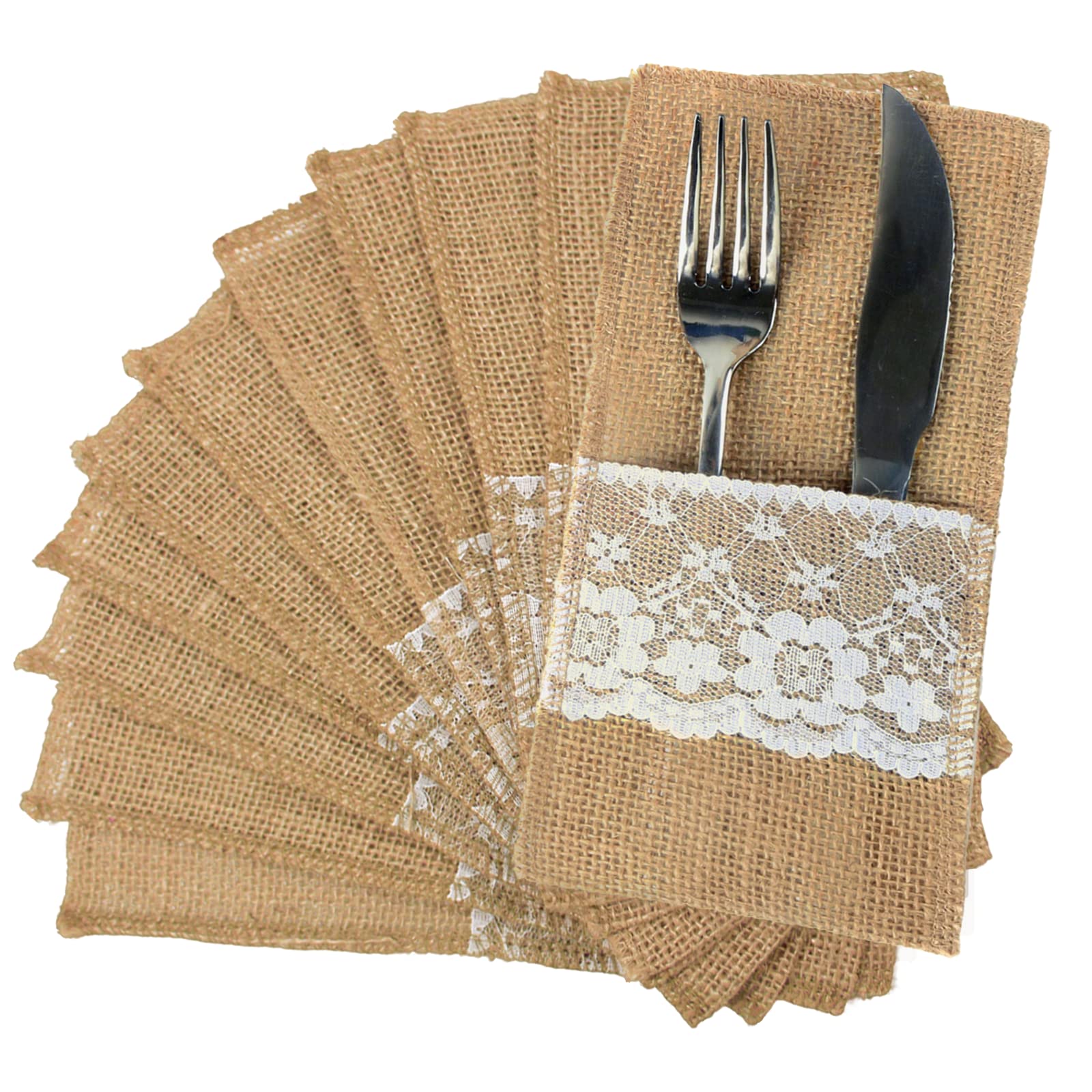 Fqtanju 50 Pcs 4''X8'' Burlap Lace Utensil Cutlery Holders Pouch Silverware Holder Knifes Forks Bags Burlap Napkin Bag For Rusti