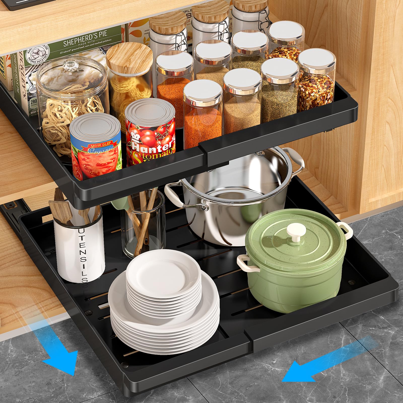 2 Pack Pull Out Cabinet Organizers Expandable (11.6-17.5), Plastic Slide Out Drawers for Kitchen, Bathroom, Pantry, Under Si