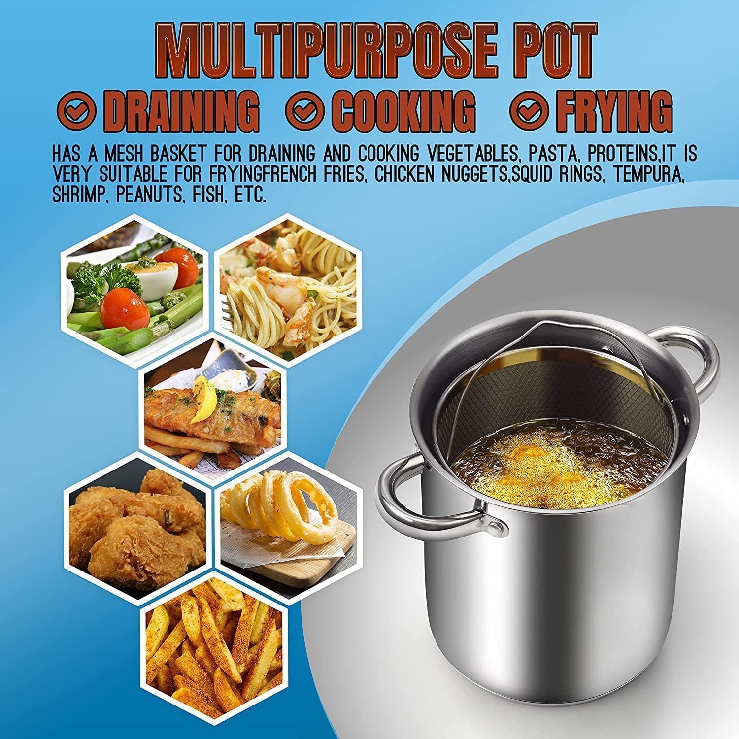 Cook N Home Deep Fryer Pot, Japanese Tempura Small Stainless Steel Deep Frying Pot, 304 Stainless Steel With Oil Drip Drainer Ra