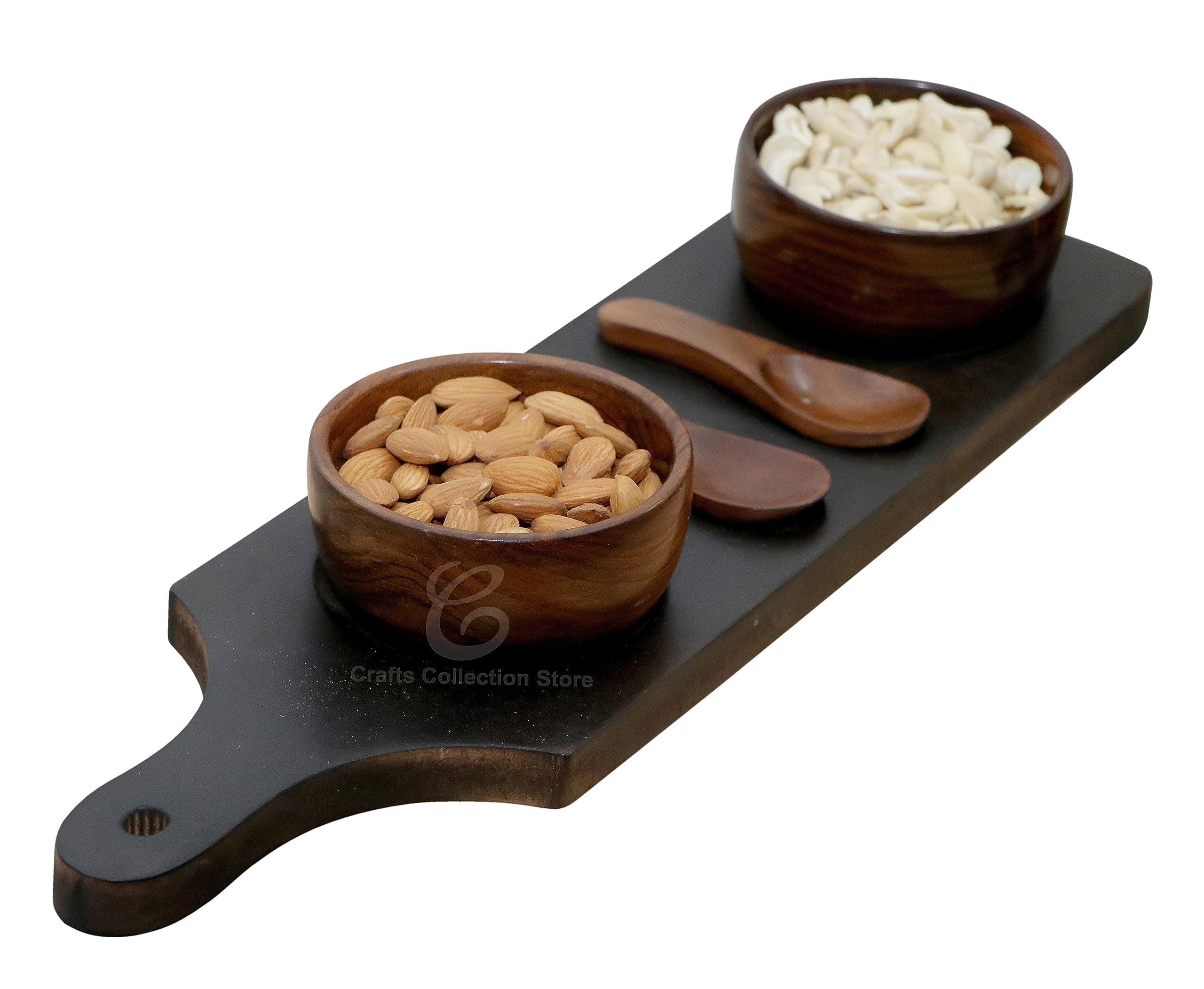 Craftscollectionstore Wooden Mdf Dry Fruit Serving Tray Black Antique With 2 Wooden Bowls And Spoon For Namkeen Snacks (Diwali G