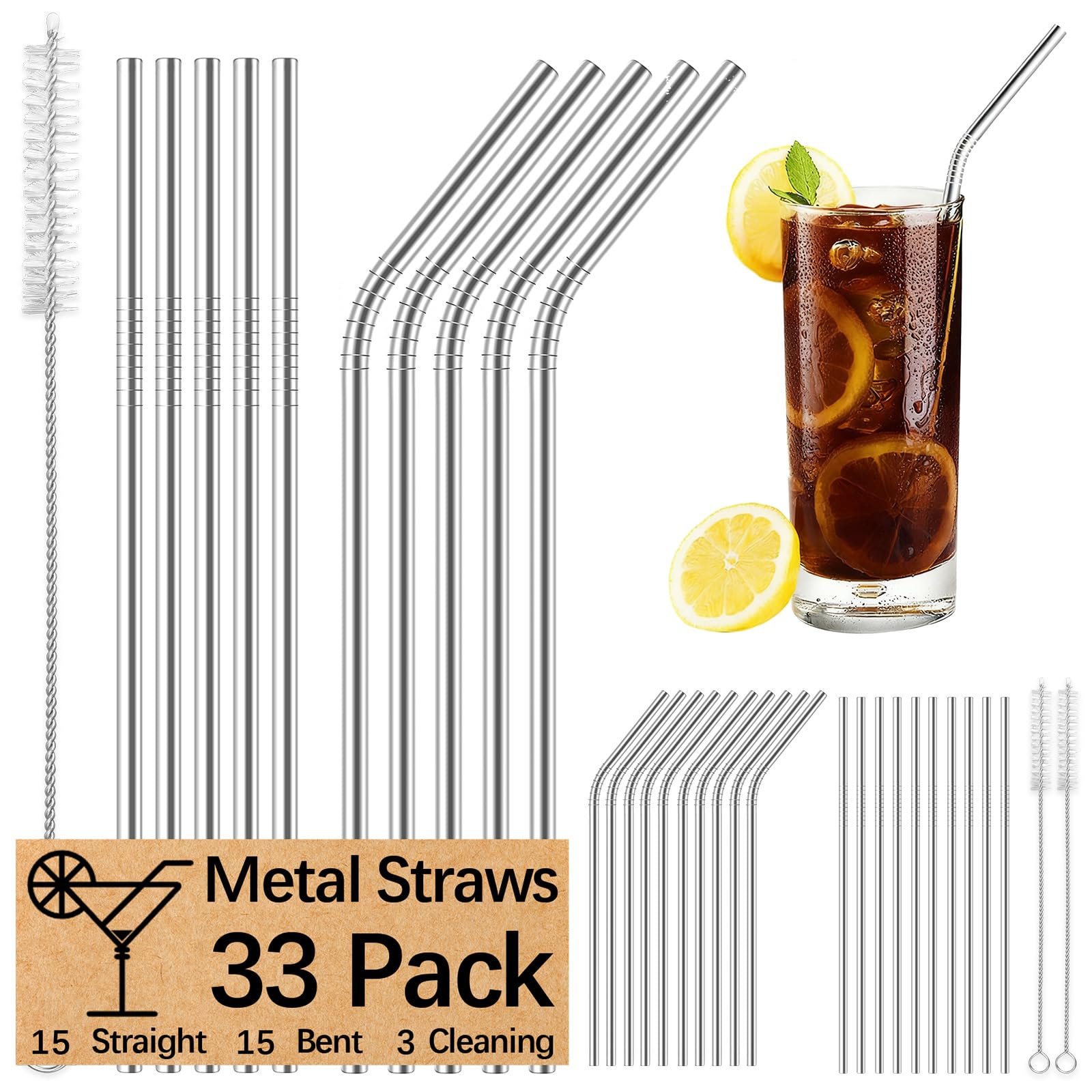 30 Pcs Of Reusable Stainless Steel Metal Straws, 15 Straight + 15 Bent 8.5 Inch Metal Straws With 3 Cleaning Brushes