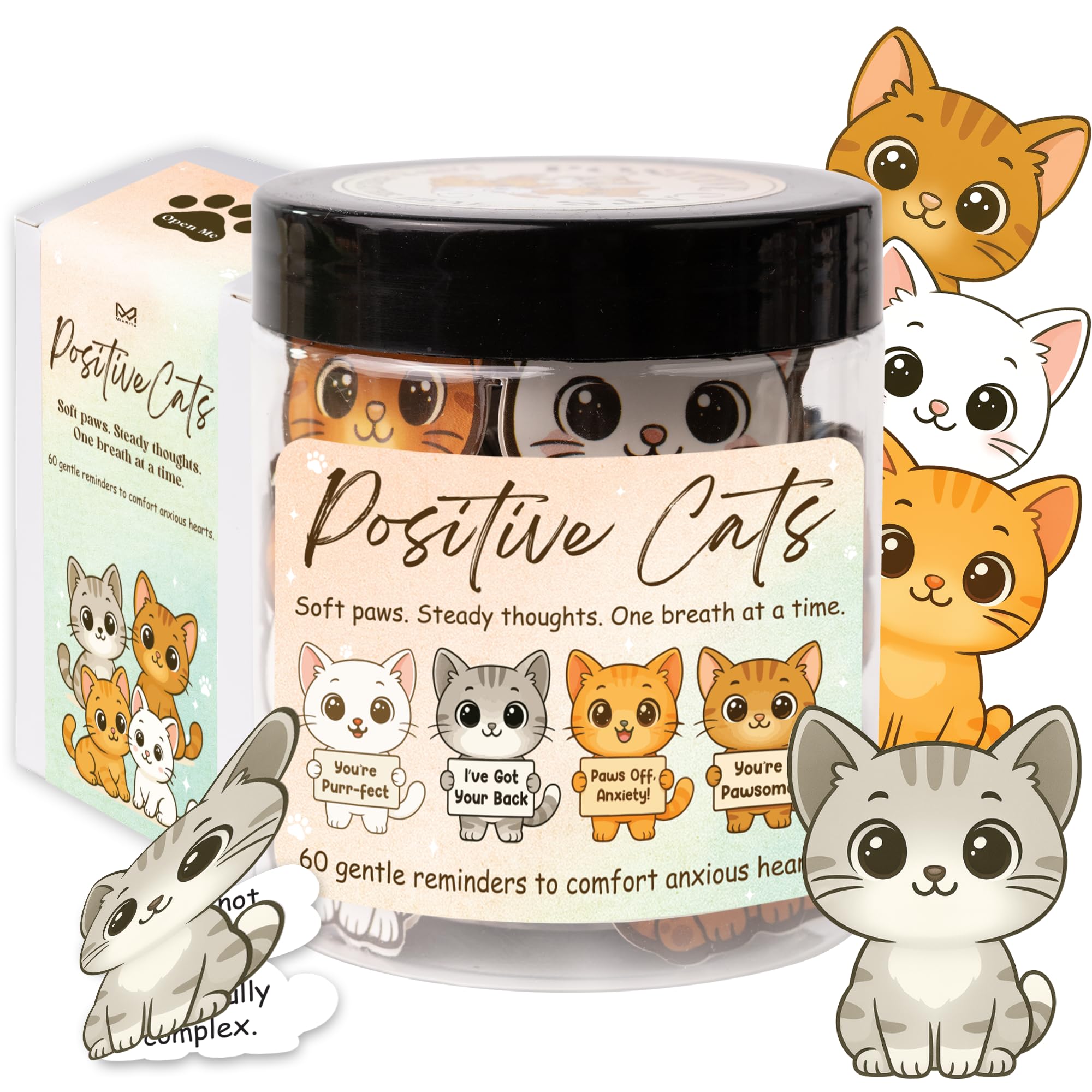 Miarita Positive Cats Jar - 60 Affirmation Cards for Anxiety & Self Care, Gifts For People With Anxiety, Cat Gifts for Women, Te