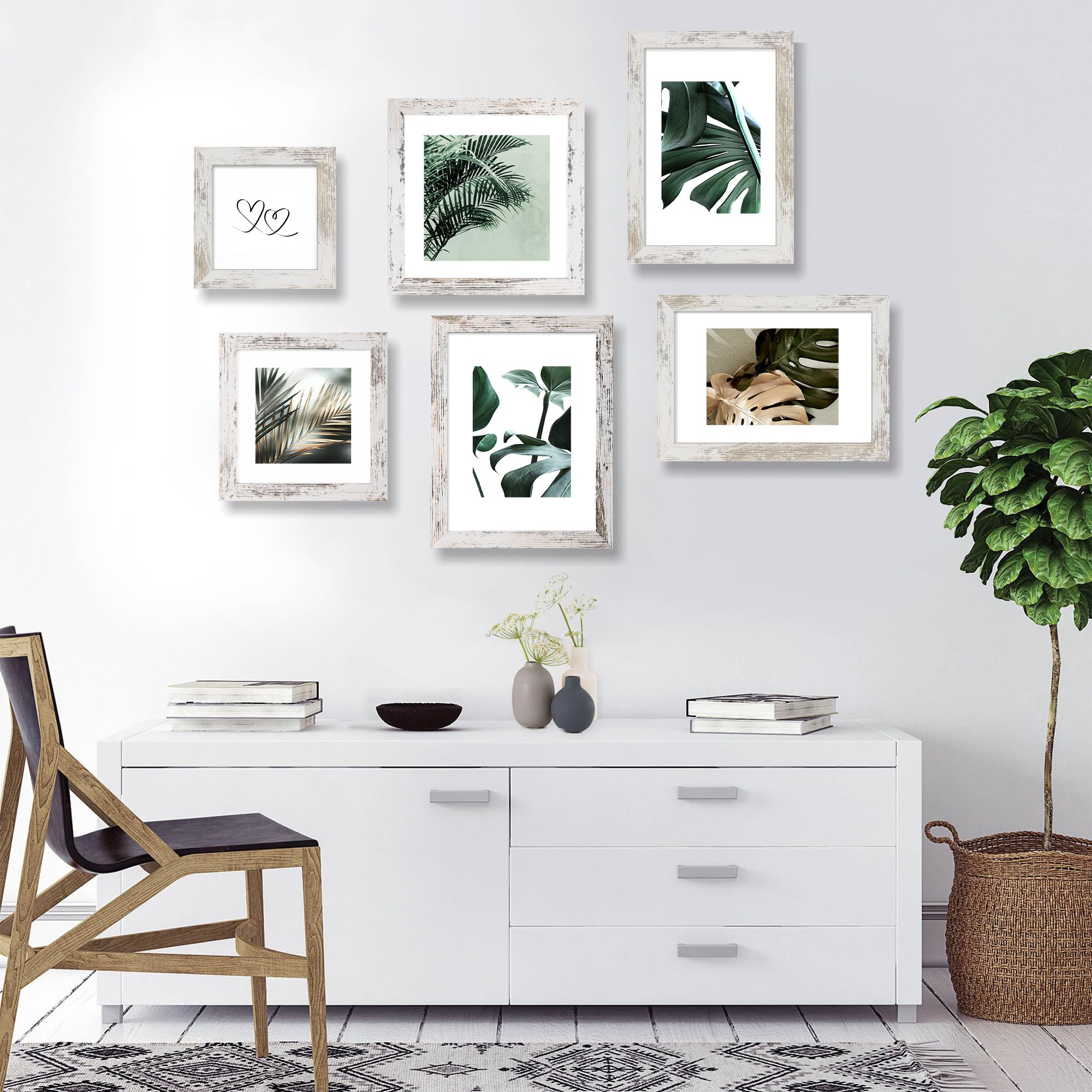 Hongkee 6x9 Picture Frame Set of 4, Made of Real Glass and Distressed White Wooden Frame - 6 by 9 Photo for Wall or Tabletop Dis