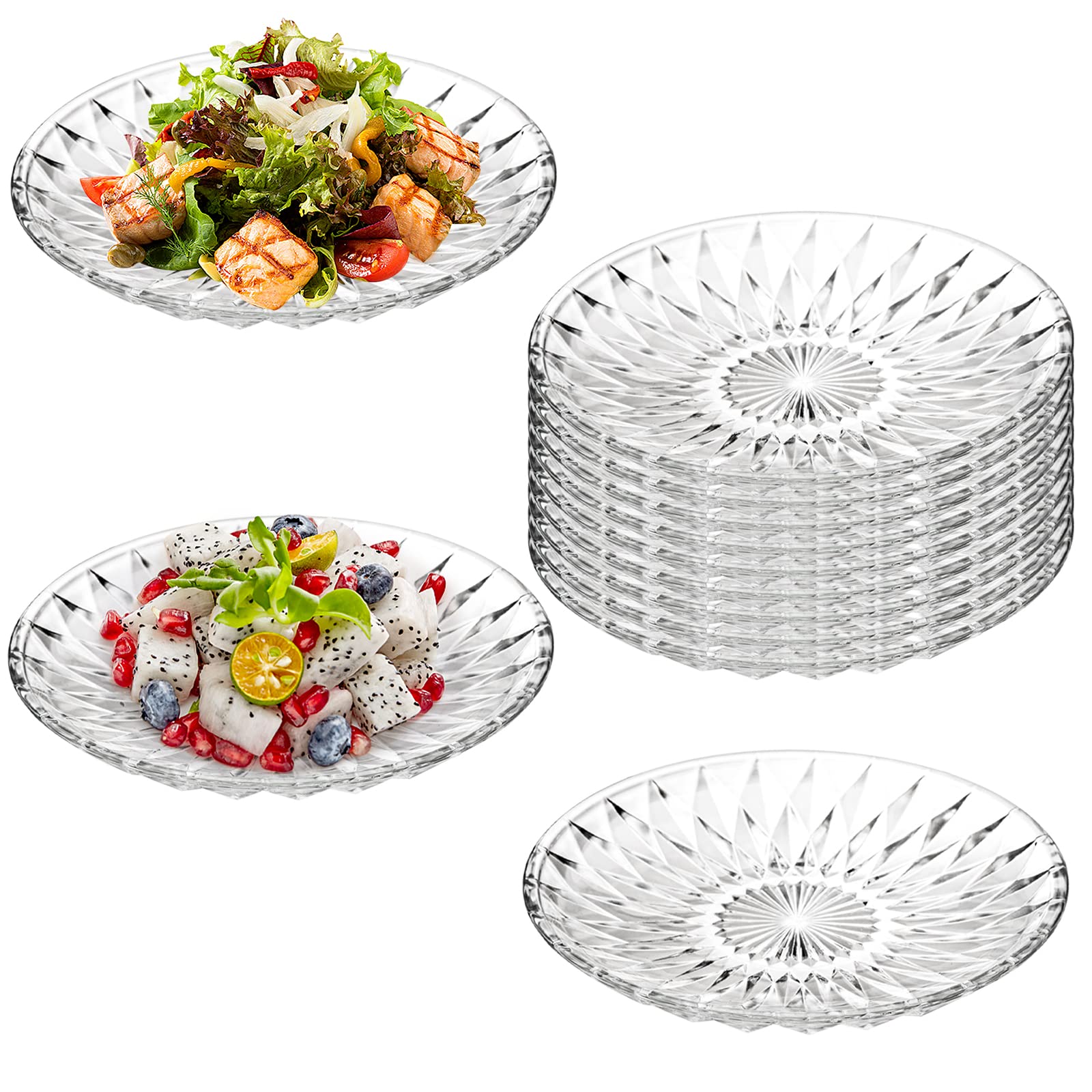 Hiceeden Set Of 12 Crystal Glass Salad Plate, 8 Inch Round Clear Dessert Plates Restaurant Serving Party Plates For Fruits, Snac