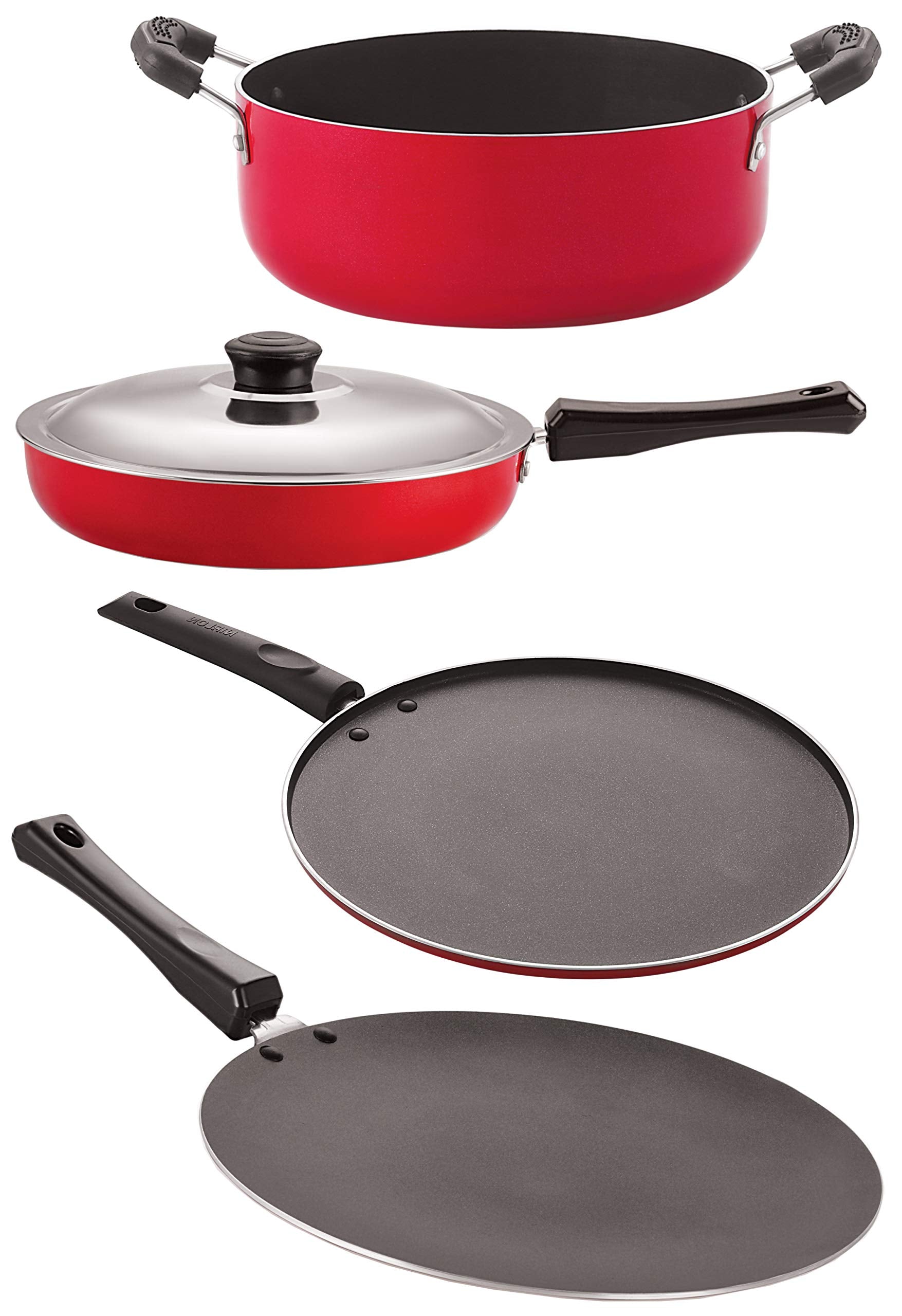Nirlon Aluminium Non Stick Cookware Set,4 Pieces (Red & Black) (Ct12_Fp13_St11_Cs24)