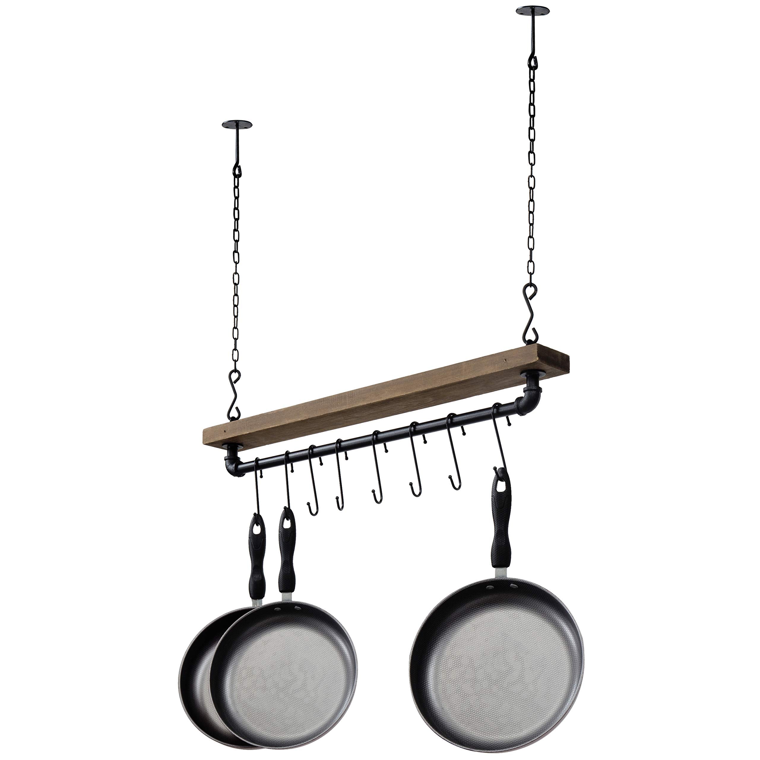 MyGift 30 Inch Ceiling or Wall Mounted Pot Rack with Rustic Brown Solid Wood Shelf and Industrial Matte Black Metal Pipe, Hangin