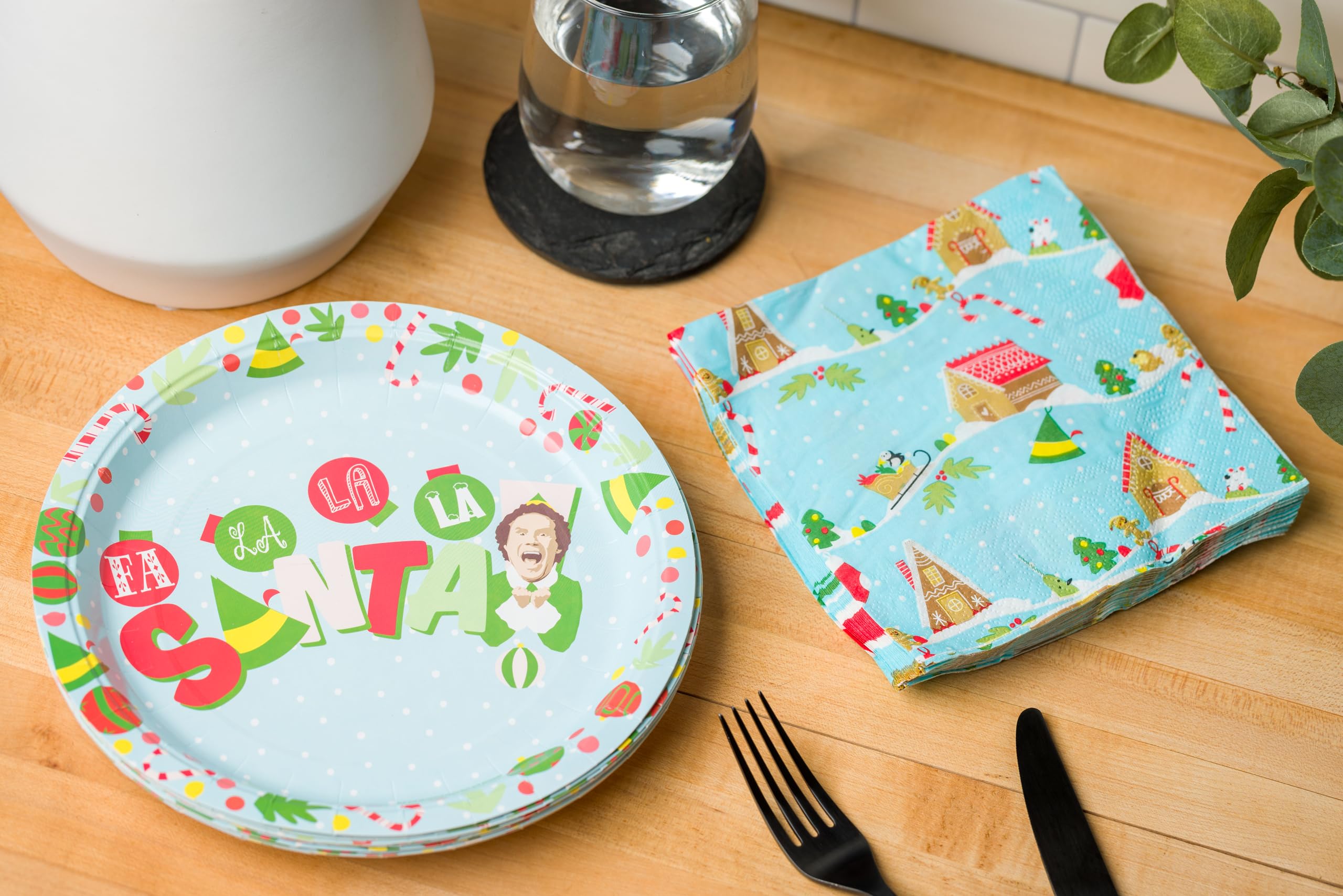 Silver Buffalo Elf Buddy The Elf Fa La La Santa Snow Christmas 32 Pack Partyware Disposable Paper Plates And Napkins