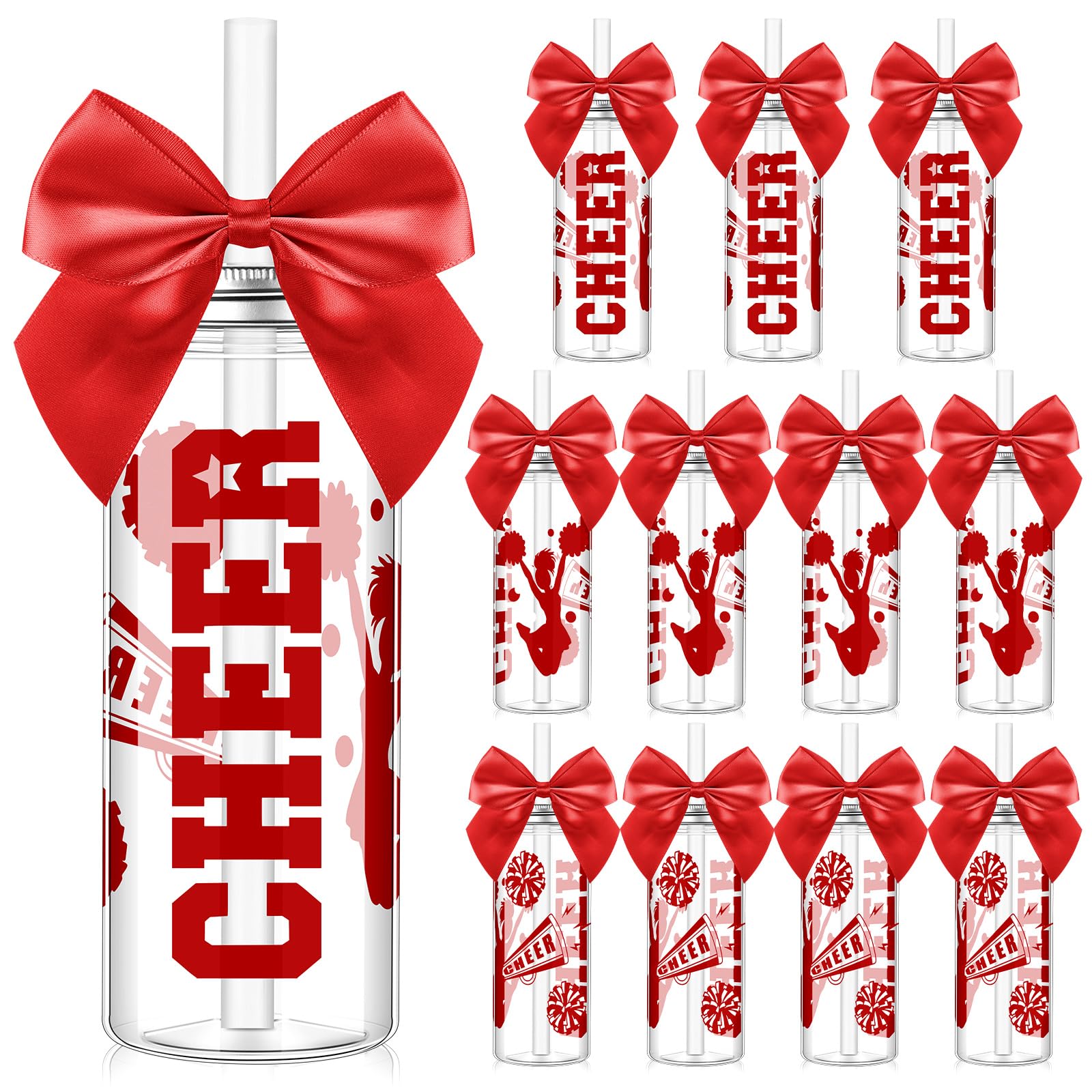 Teenyyou 12 Pcs Red Cheerleader Gift Bulk for Team Cheer Cups 14 oz Bow Water Bottle Plastic Cheer Tumblers with Lid and Straw f
