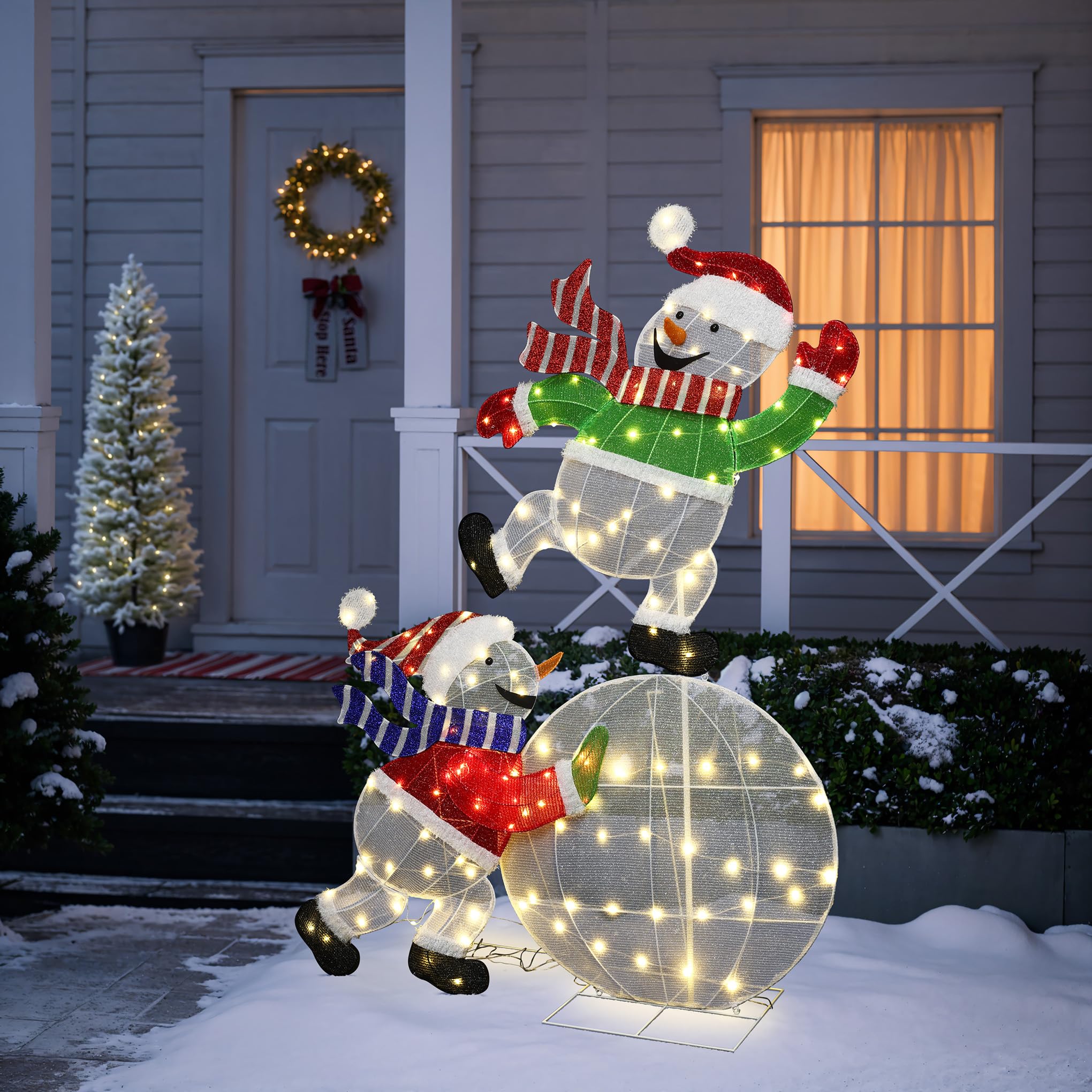 LuxenHome 5.5FT Lighted Snowman Outdoor Christmas Decorations, 2D Light Up Snowman on Snowball Christmas Decor with 140 LED Ligh