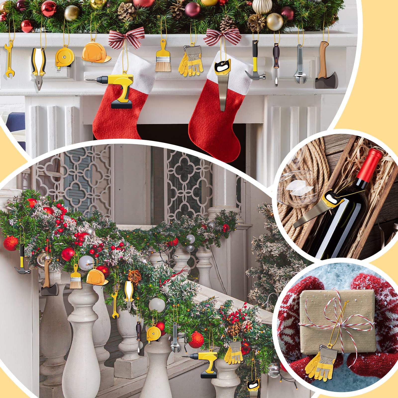 Lauwell 60 Pcs Construction Christmas Tree Ornament Handyman Tool Wooden Christmas Hanging Decoration Wood Axe Pliers Hammer Har