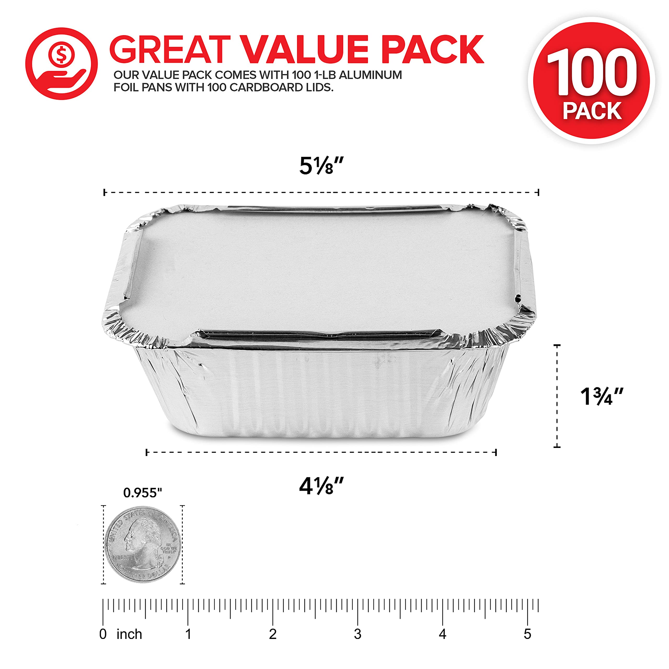 Stock Your Home 1 Lb Aluminum Pans With Lids (100 Pack) - Food Containers With Cardboard Lids - Disposable & Recyclable Takeout