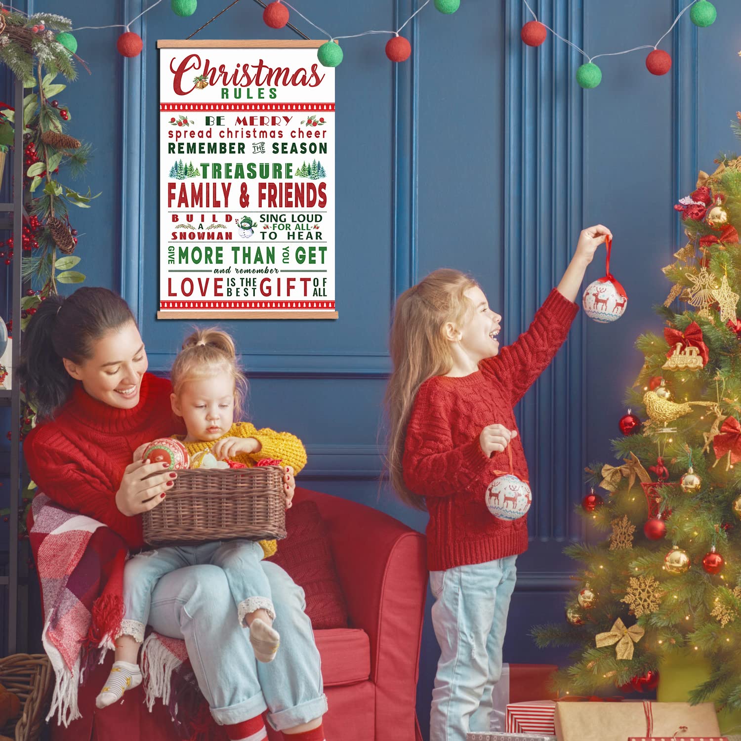 Kairne Merry Christmas Wall Art With Wood Magnetic Hanger Frame(35X56Cm),Colorful Christmas Signs Decor Festive Picture Hanging