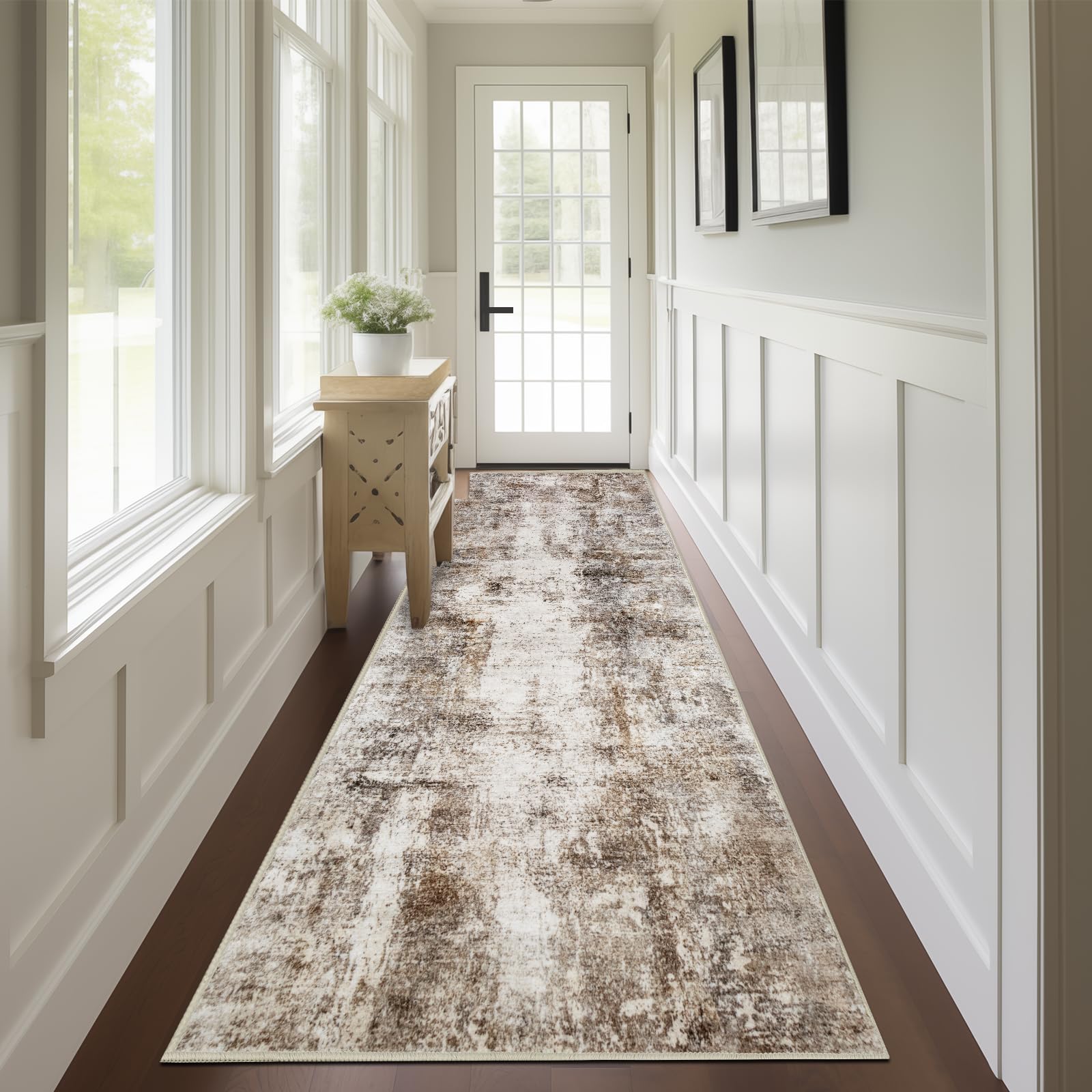 Capslpad Abstract Washable Runner Rug, 2x10 Brown Non-Slip Hallway Runner Rug, Modern Low Pile Kitchen Runner Rug, Ultra Soft Pr