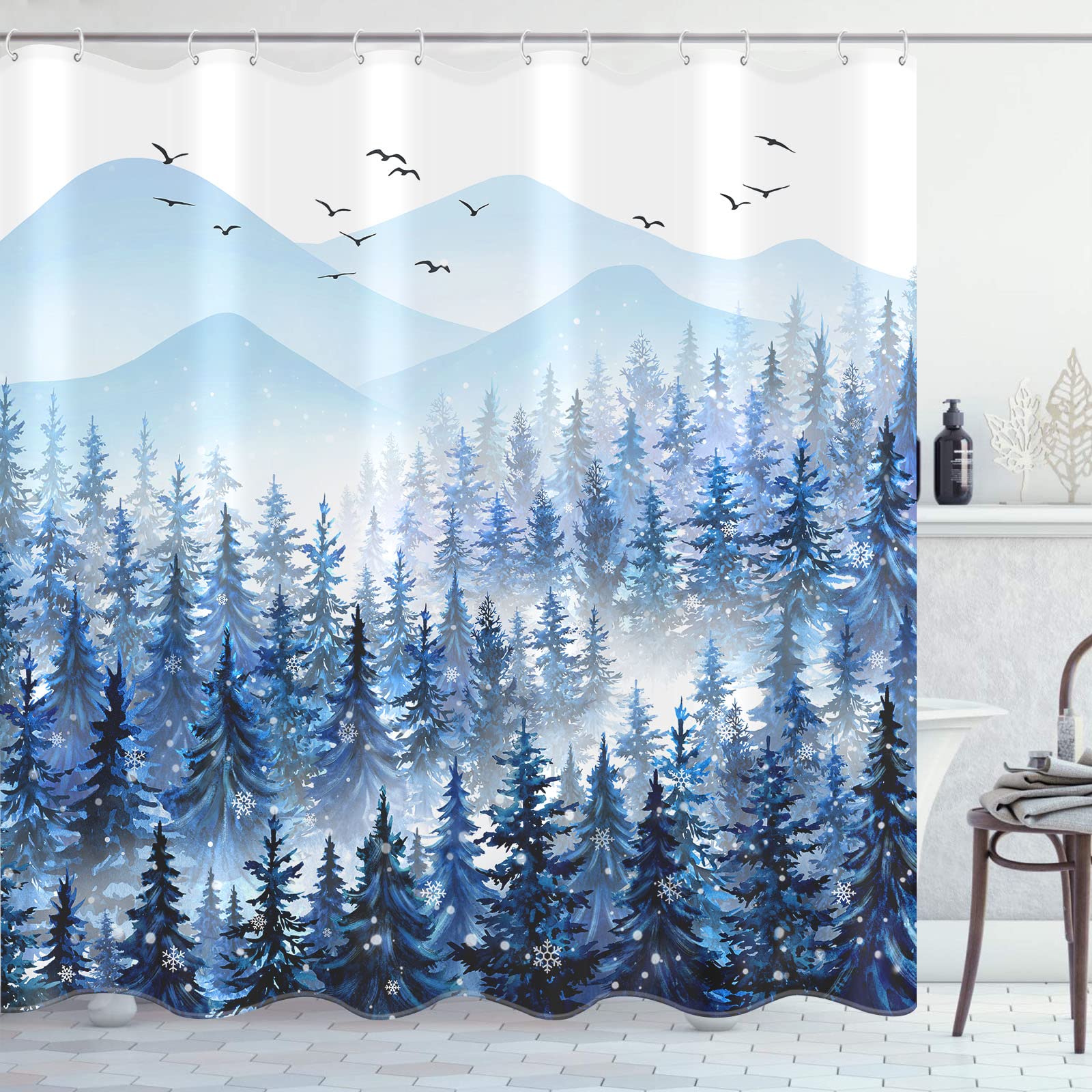 Accnicc Christmas Shower Curtain Set Winter Misty Forest Waterproof Fabric Shower Curtains for Bathroom Blue White Nature Snowflake Xmas Tree Mountain Bath Curtain Decor (Ice Blue  72''