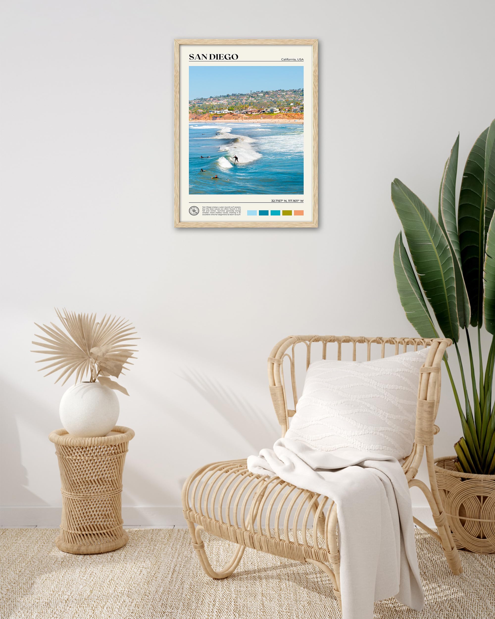 Hesendot Natural Oak Wood San Diego Surfing Framed Wall Art,12X16In Natural Seascape Canvas Wall Print,Classic Urban Landmark Wa