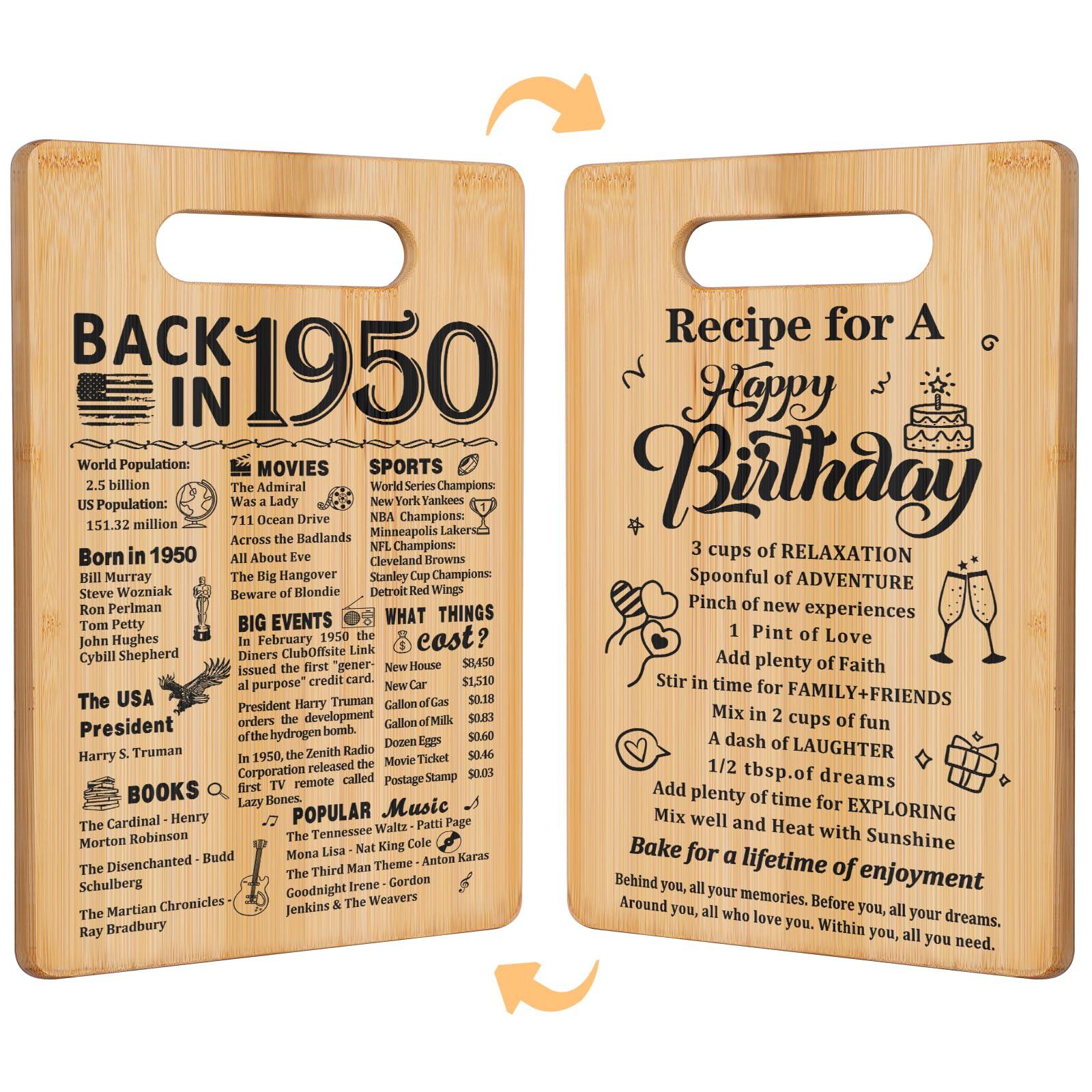 75th Birthday Gifts for Women Men,Back In 1950&Recipe for A Happy Birthday Double sided Cutting Board Gift for Her Him,75th birt