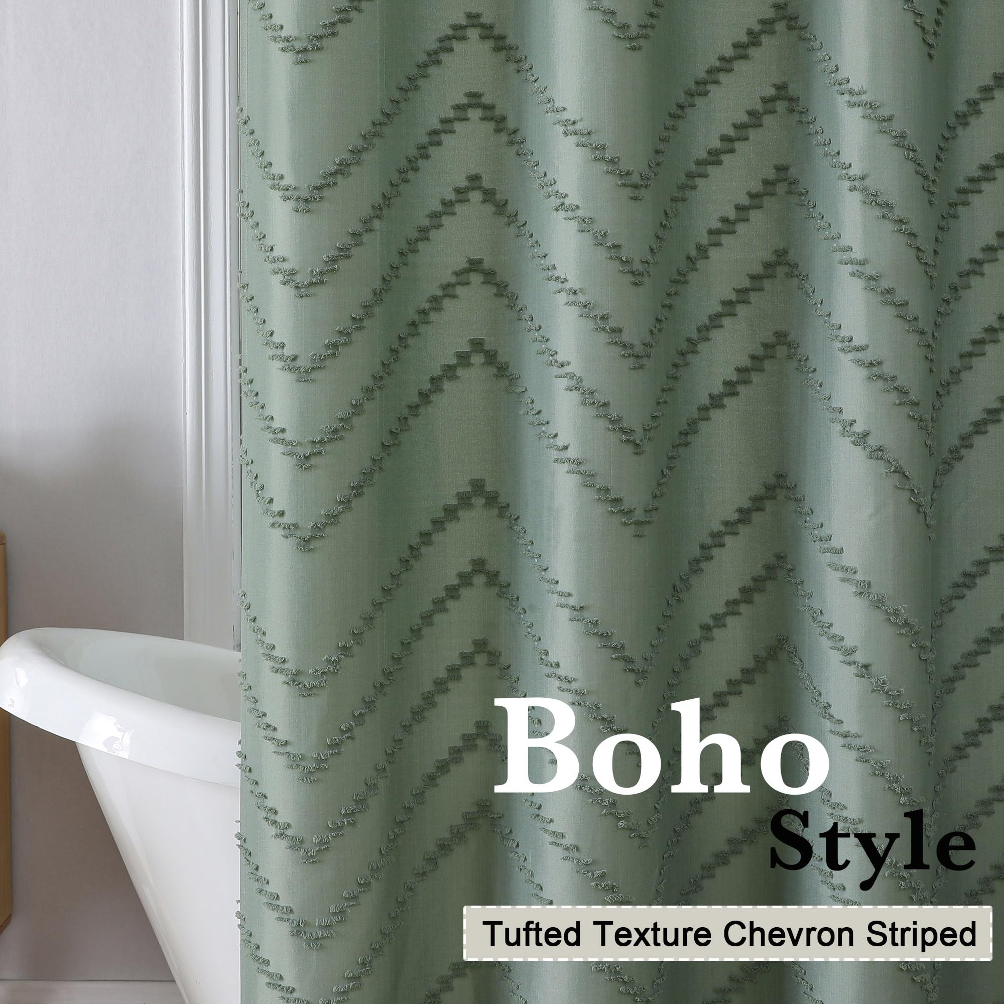 Chyhomenyc Chevron Extra Long Sage Green Boho Shower Curtain Set 72X96 Inches, Fabric Shower Curtain Modern Farmhouse Chic Textu